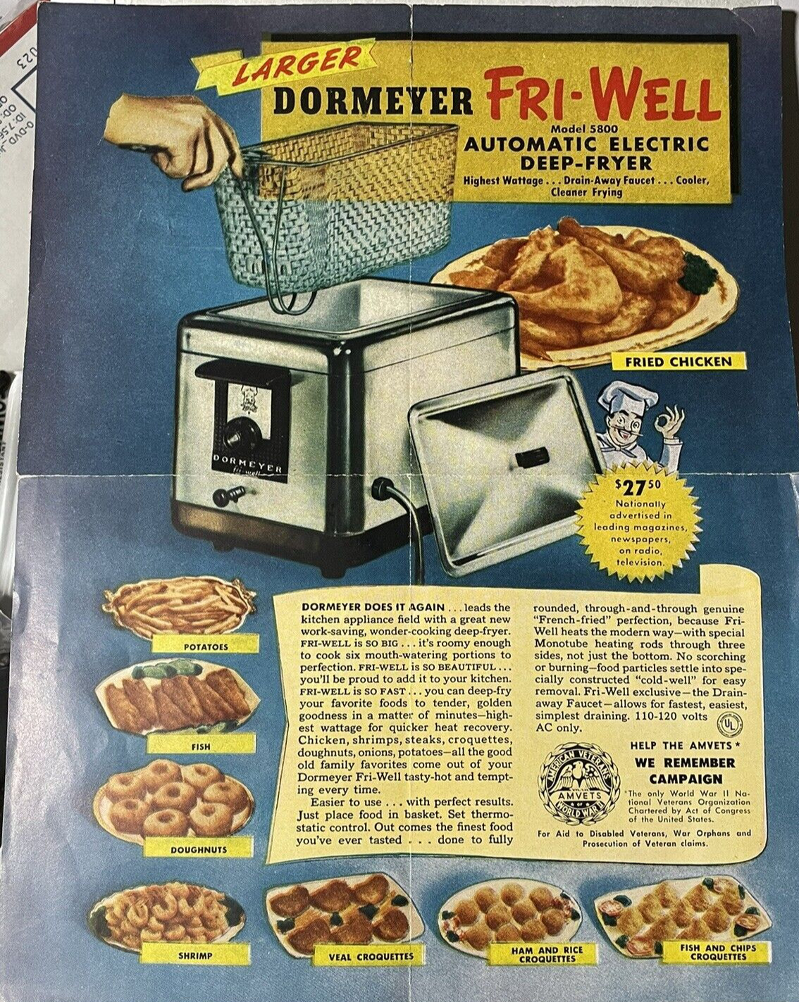 Dormeyer Fri Well Automatic Electric Deep Fryer Print Ad Vintage Amvets