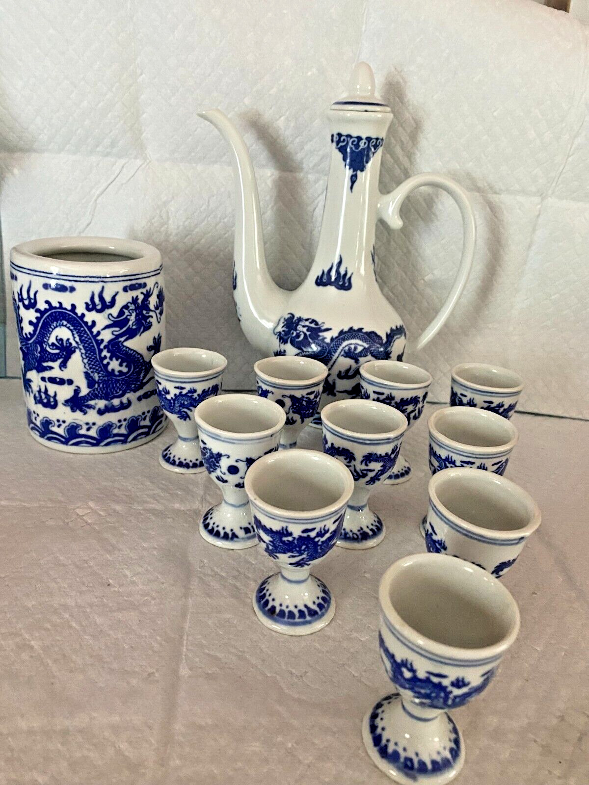 Jingdezhen Chinese Sake Wine Set AND Brush Pot Blue White Porcelain  Dragons