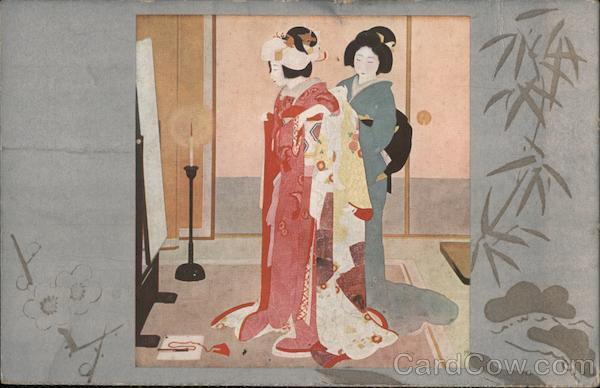 Japan Painting of a bride dressing up. N. Y. K. Line Postcard Vintage Post Card
