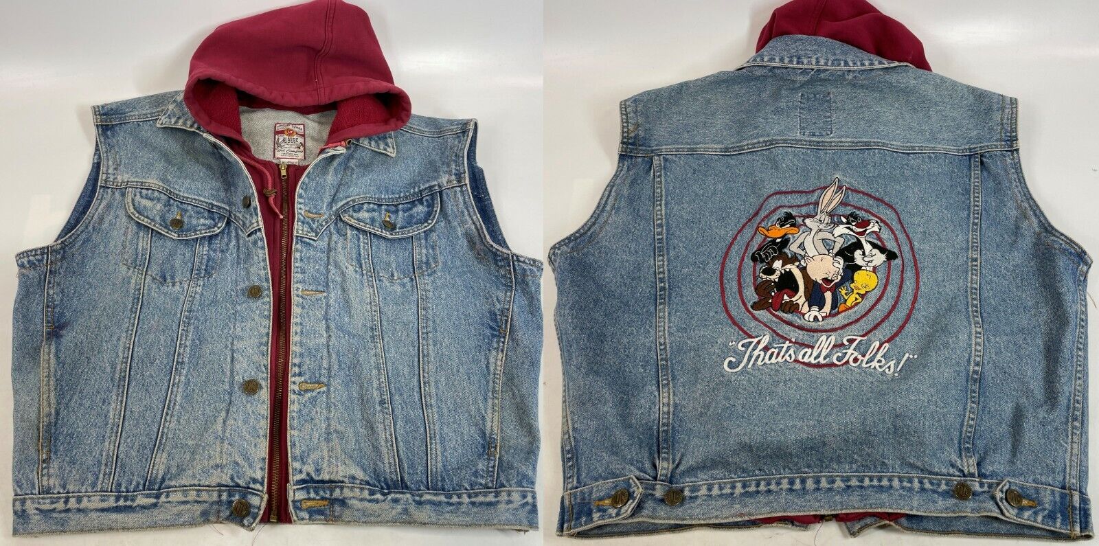 RARE 1990 Looney Tunes Classic Warner Thats All Folks Cotton Jean Hooded Vest XL