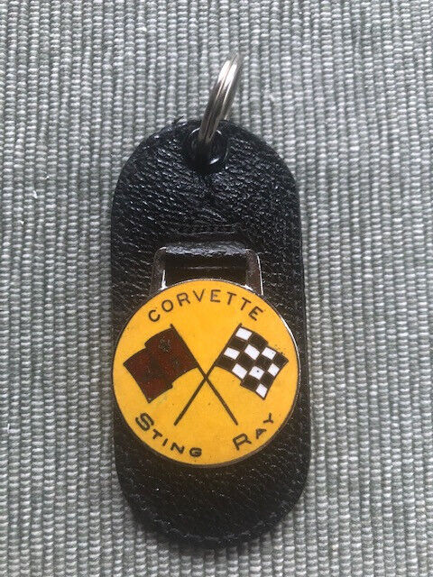Vintage Leather Car Keychain Vintage Key Ring Corvette Sting Ray, Yellow NOS