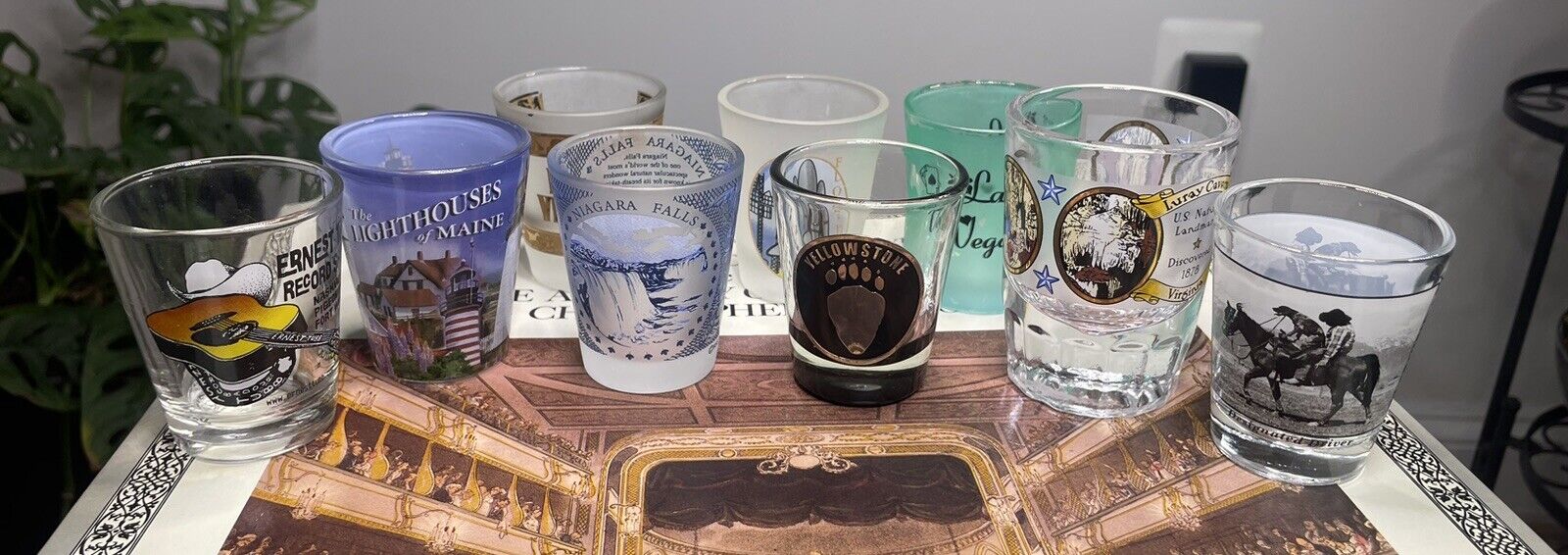 Lot Of 9 Souvenir Shot Glasses Las Vegas • Luray Caverns • Yellowstone • Maine