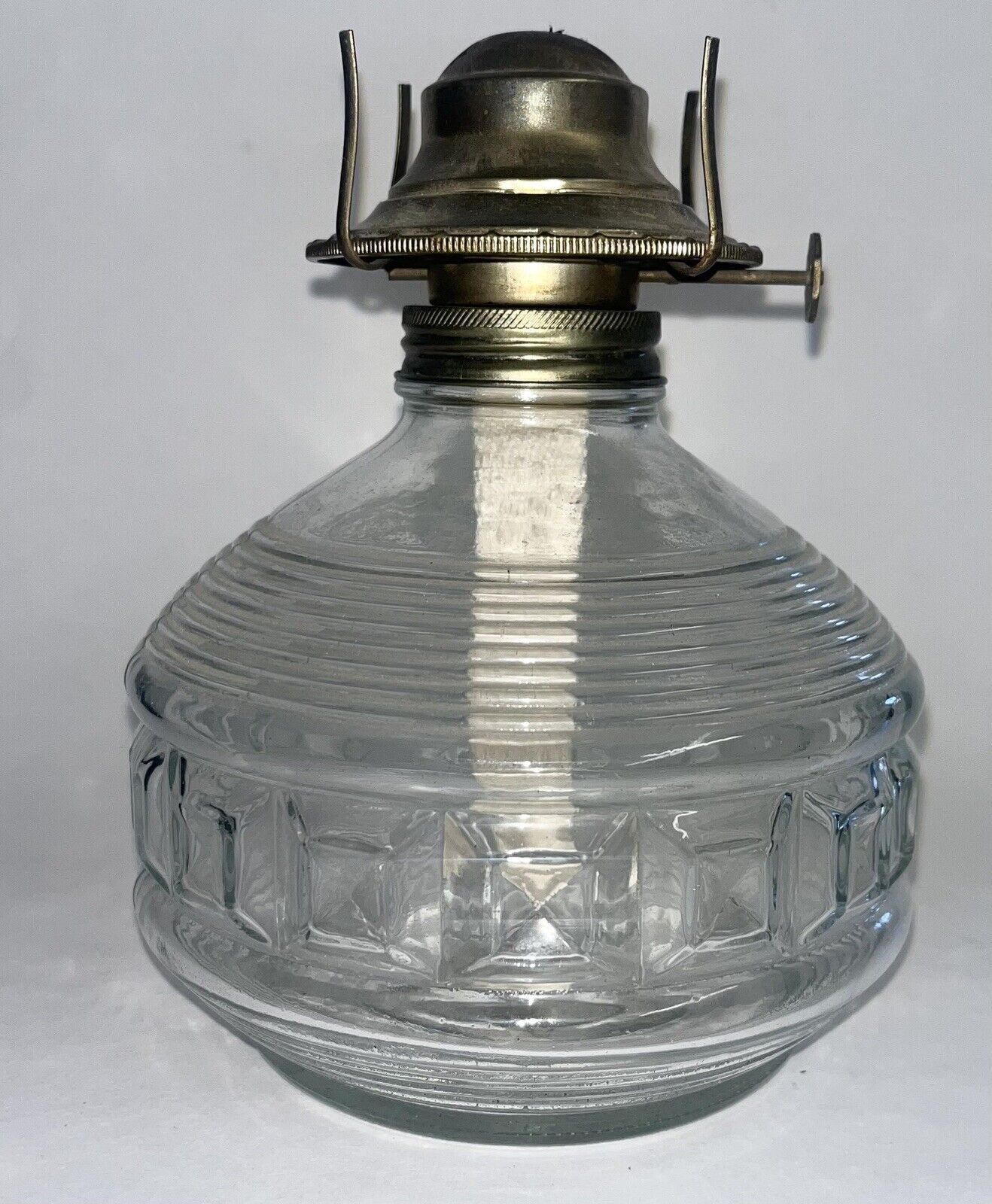 VINTAGE KAADAN CLEAR PRESSED GLASS OIL LAMP BASE AND BURNER ONLY 7” Tall