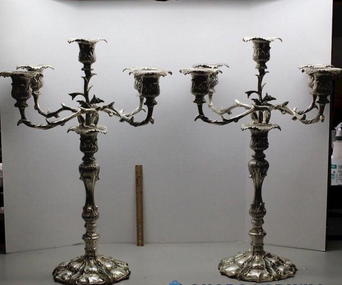Extraordinary Pair Of 5 Candle Holder Silver Plated Candelabra 30 Inches Tall