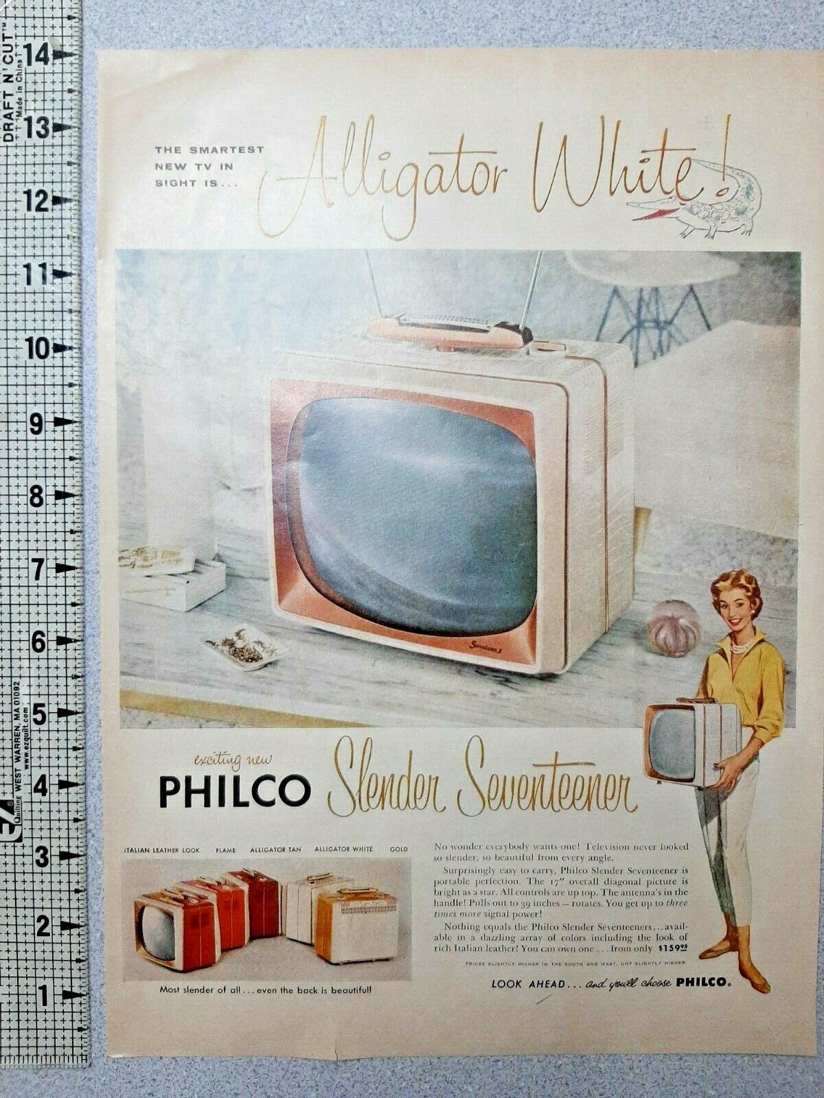 1958 Philco TV Vintage Print Ad Television Slender Seventeener Alligator White