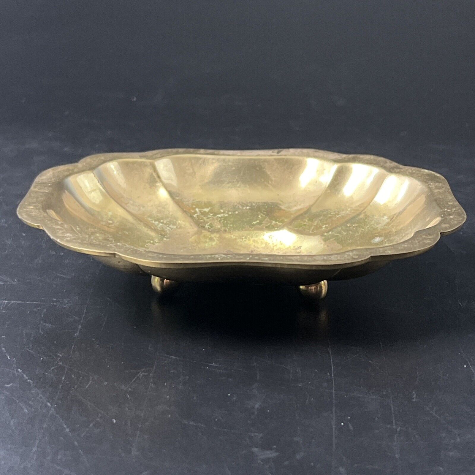 Vintage Brass Footed Oval Trinket Soap Coin Dish MCM India Patina 5
