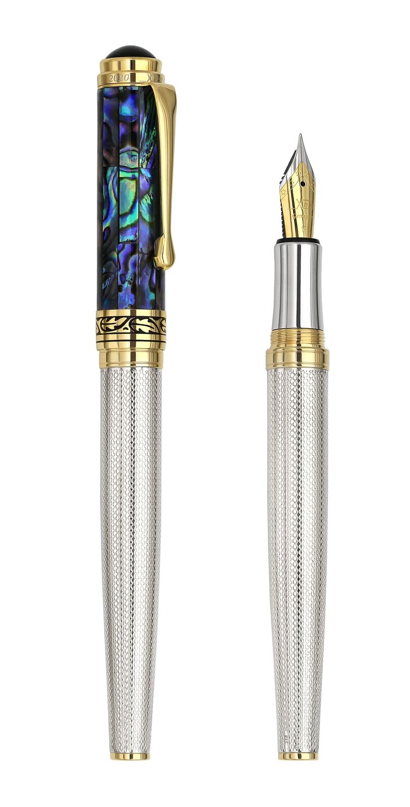 Xezo Maestro 925 Sterling Silver & Sea Shell Fountain Pen w/ Gold, Fine Nib. LE