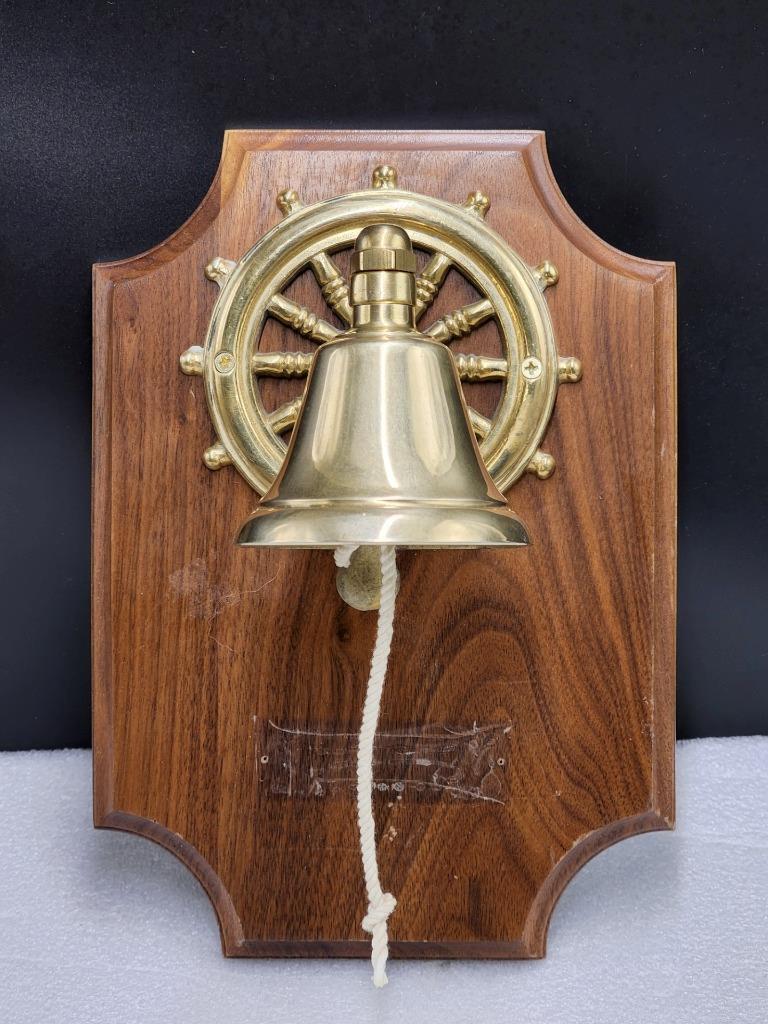 Solid BRASS Ships Bell And Wheel with Rope Nautical On Walnut