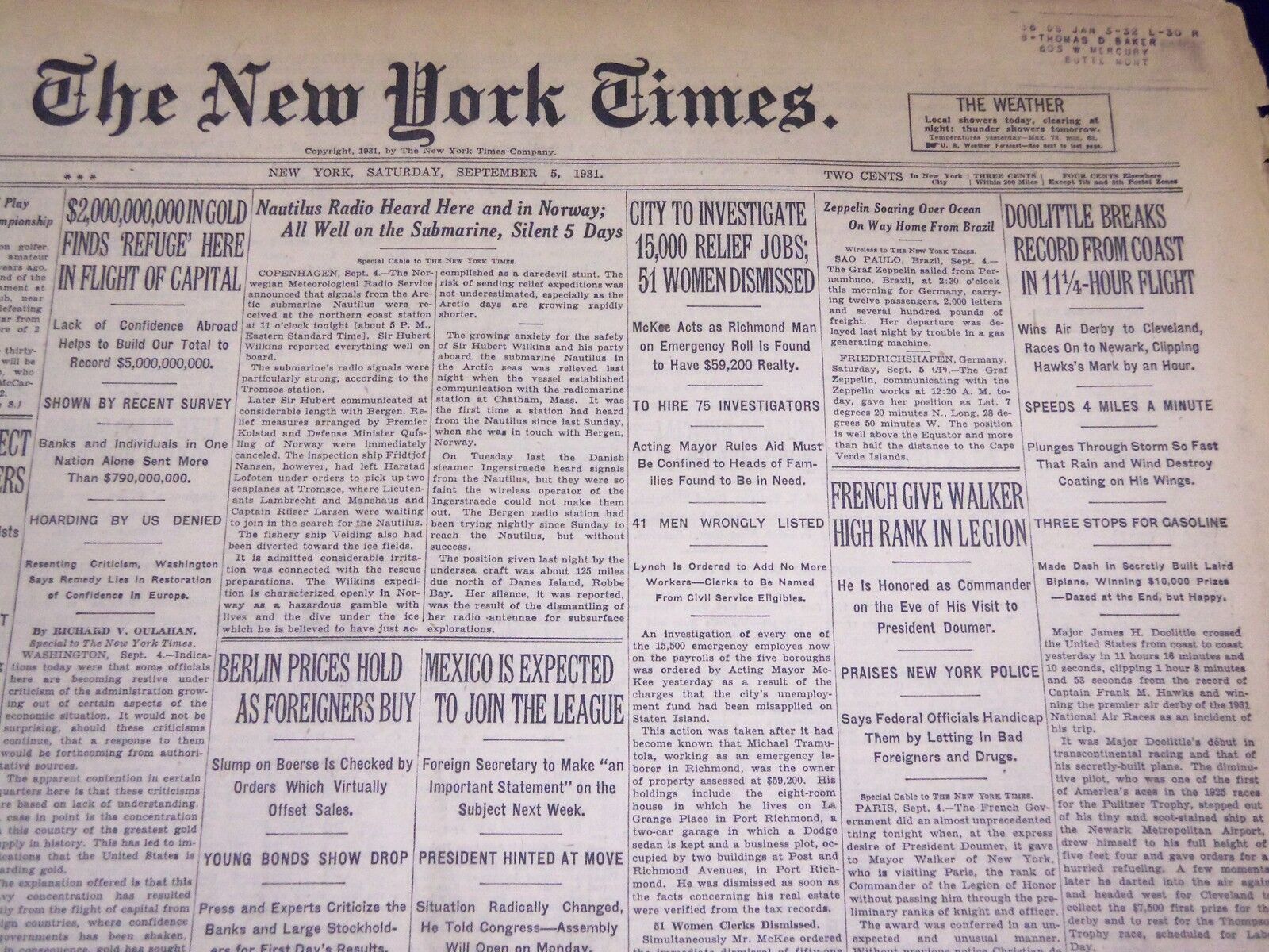 1931 SEPTEMBER 5 NEW YORK TIMES - DOOLITTLE BREAKS RECORD - NT 3950