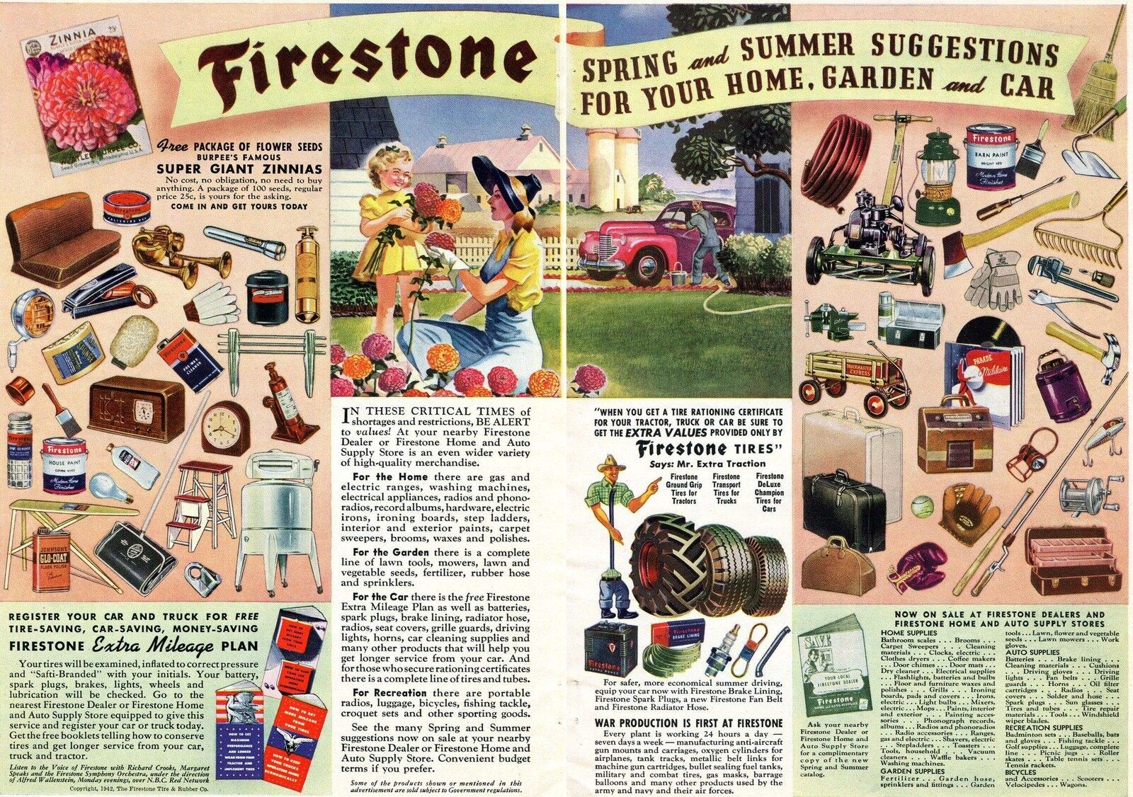 1942 Firestone Farm Tire Home And Auto Supply Store 2 Page Print Ad