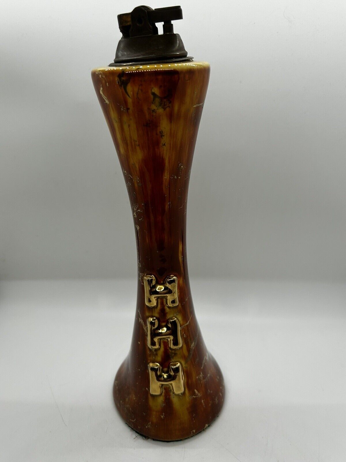 Vntg. Mid-Century Royal Haegar? 22K Gold 7” Ceramic Table Lighter Non-Working