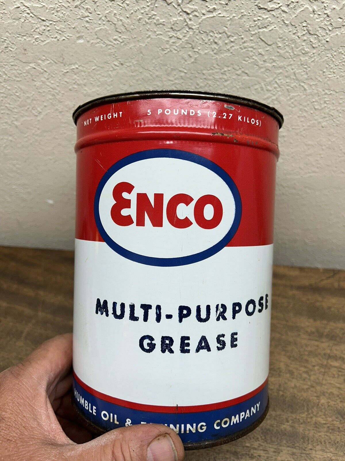 Vintage ENCO 5lb. Multipurpose Grease Tin~ Humble Oil & Refining Co.~ Full