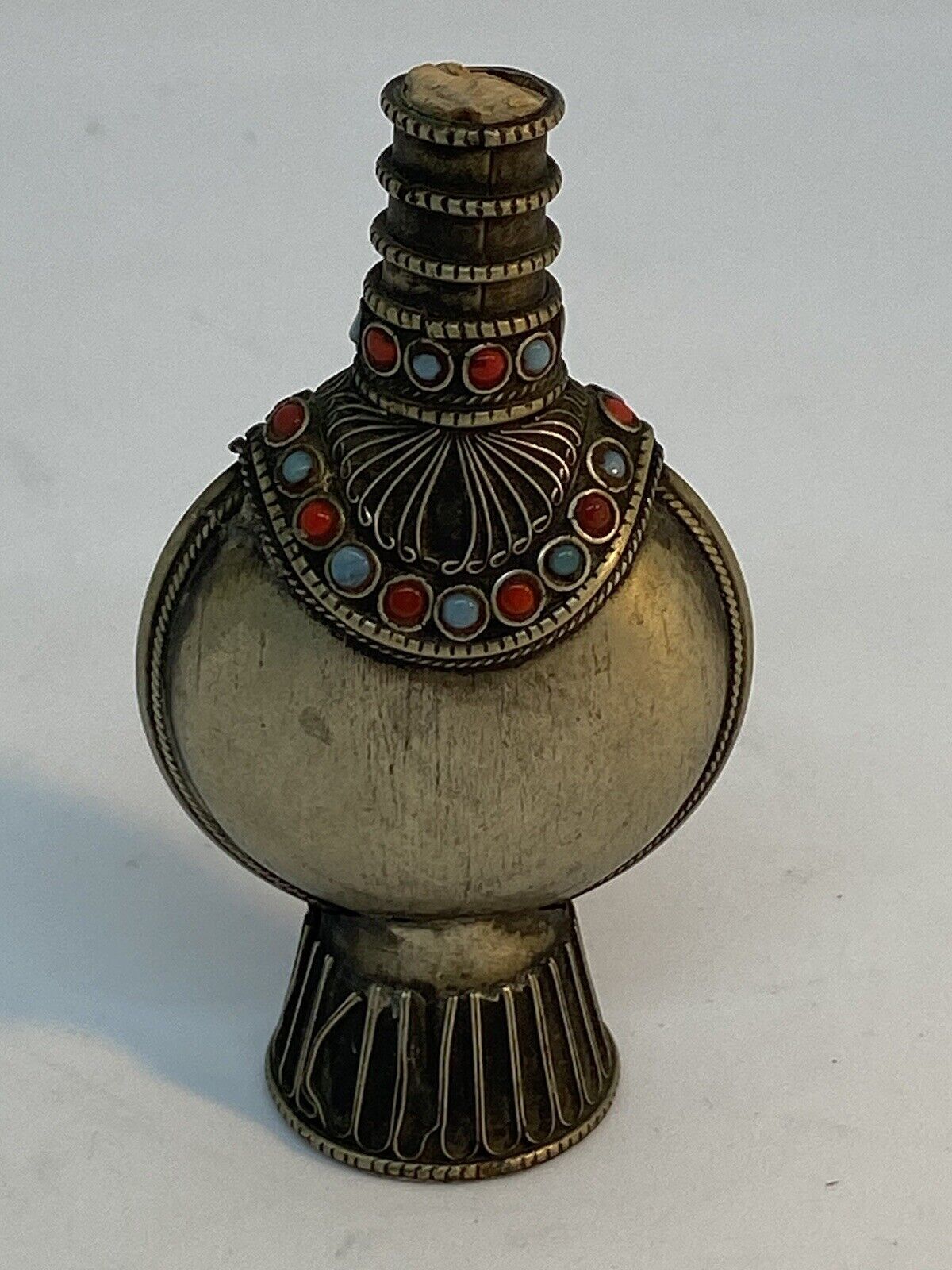 ANTIQUE OTTOMAN ISLAMIC HANDMADE CARVED WHITE METAL PERFUME BOTTLE DECORATED