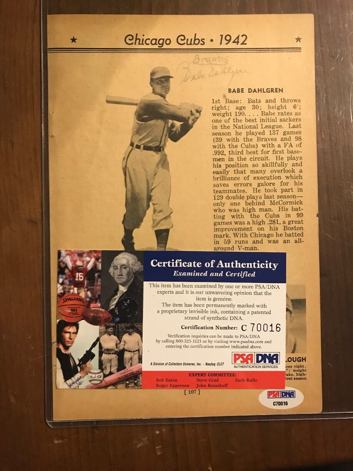 Babe Dahlgren New York Yankees Baseball Autograph Auto Signed Page  PSA  Cert