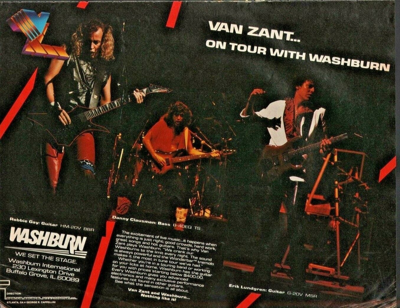 1985 Van Zant Plays Washburn Robbie Gay Clausman Lundgren - Vintage Guitar Ad