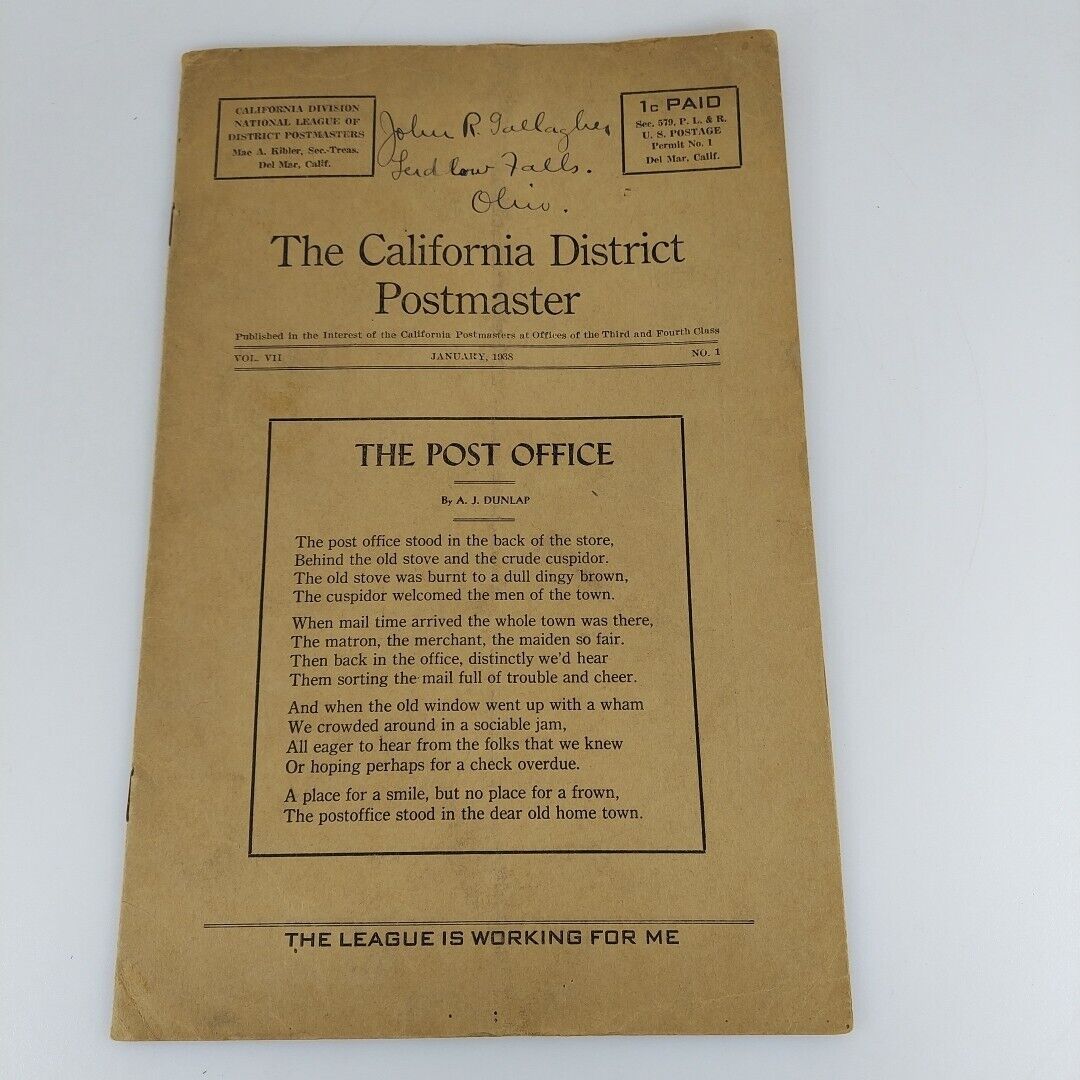 California District Postmaster Newsletter Vol. VII No 1 Jan 1938 US Post Office 
