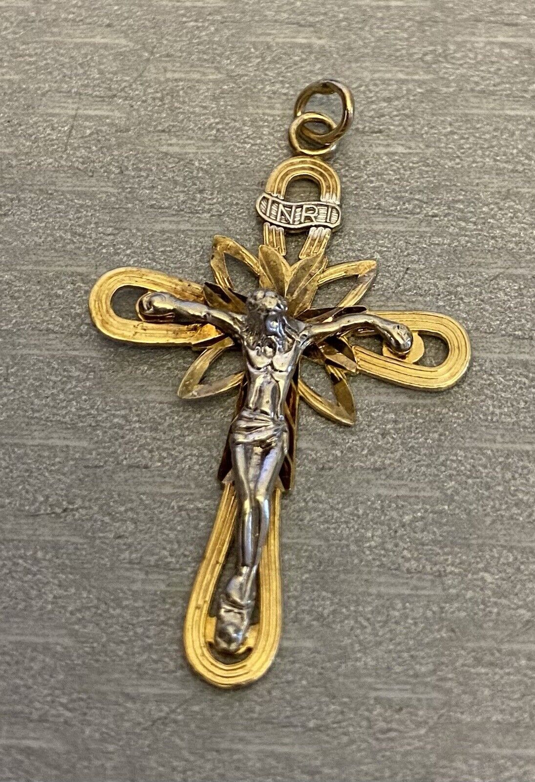 vintage 10K Gold Crucifix Pendant 2-tone White Gold Jesus on Yellow Cross Charm