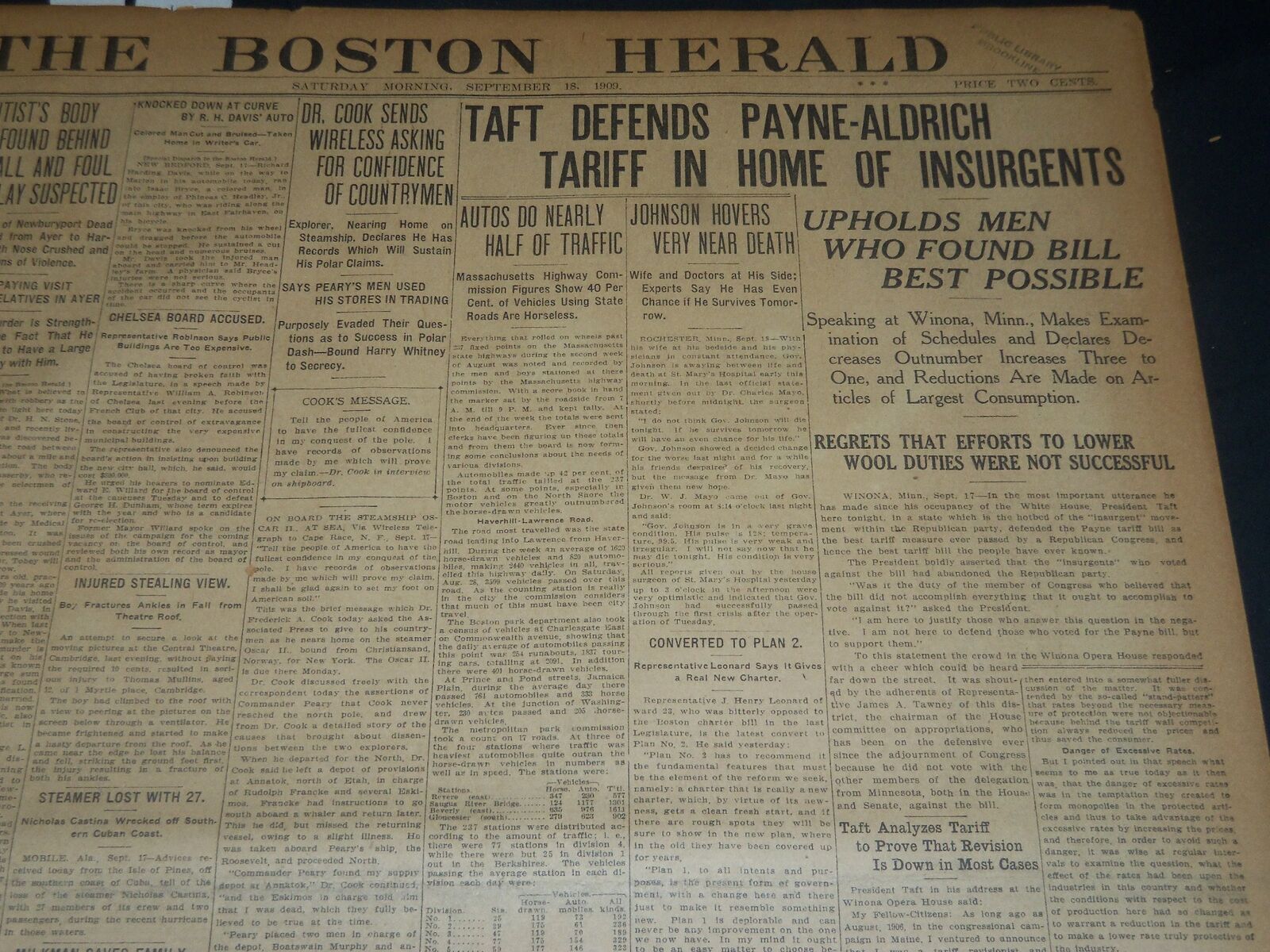 1909 SEPTEMBER 18 THE BOSTON HERALD - TAFT DEFENDS PAYNE ALDRICH TARIFF - BH 195