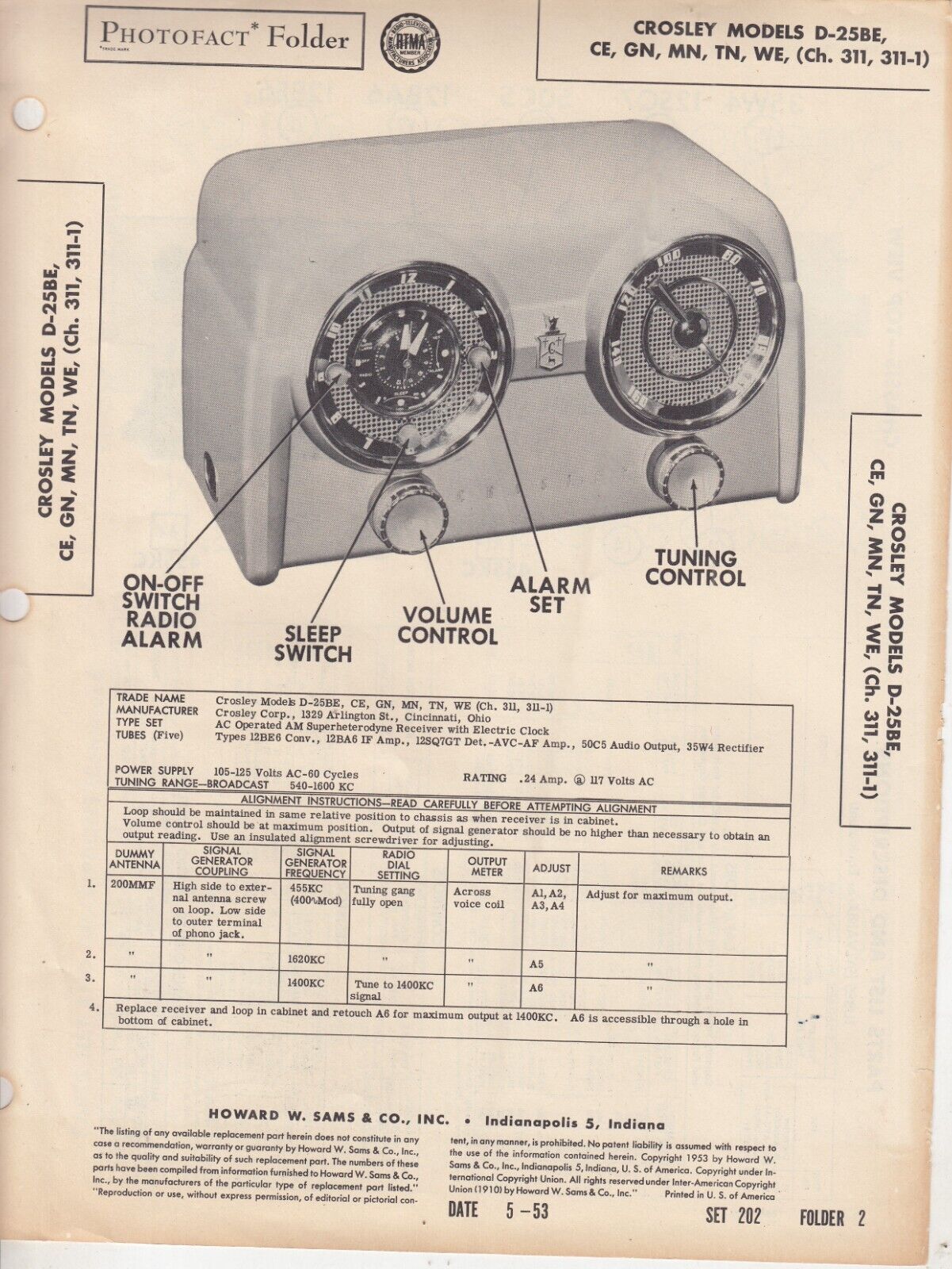 VTG 1953 Crosley Dashboard Tube Radio Clock & Radio -  D-25-BE  - SAMS 4 PAGES
