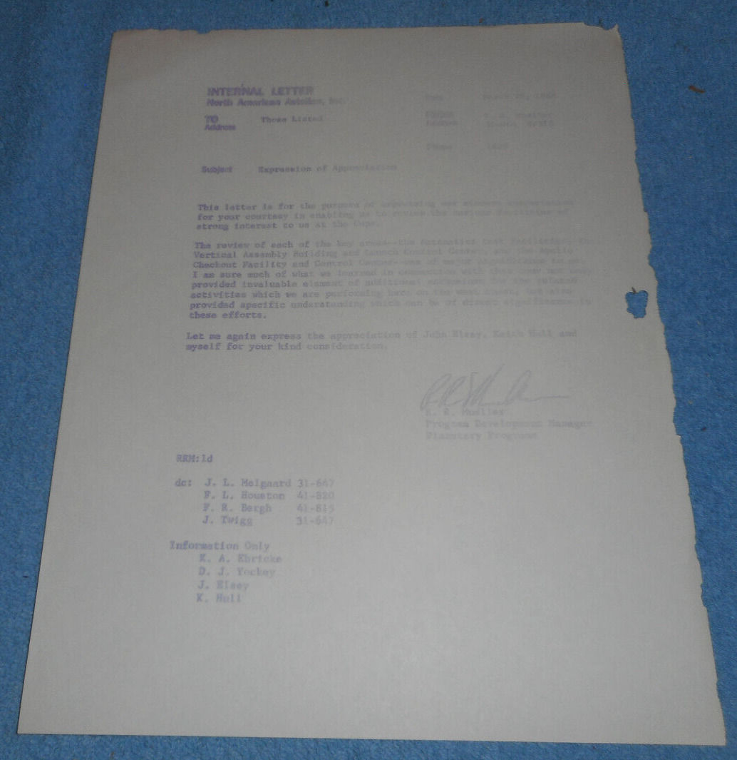 1968 North American Aviation Internal Letter Space Facility Review Appreciation