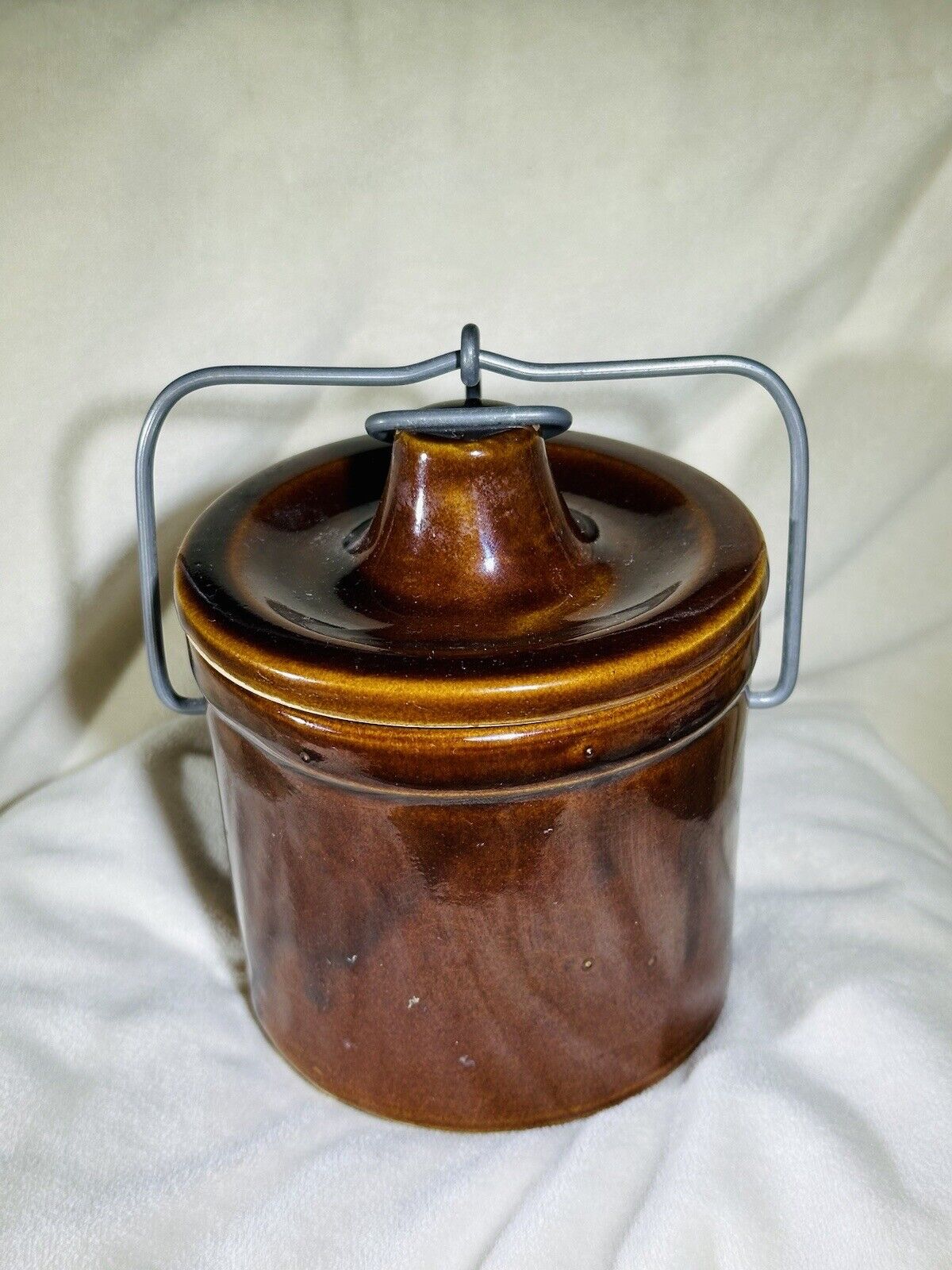 Vintage Brown Glazed Pottery Stoneware Cheese Crock with Clamp Lid