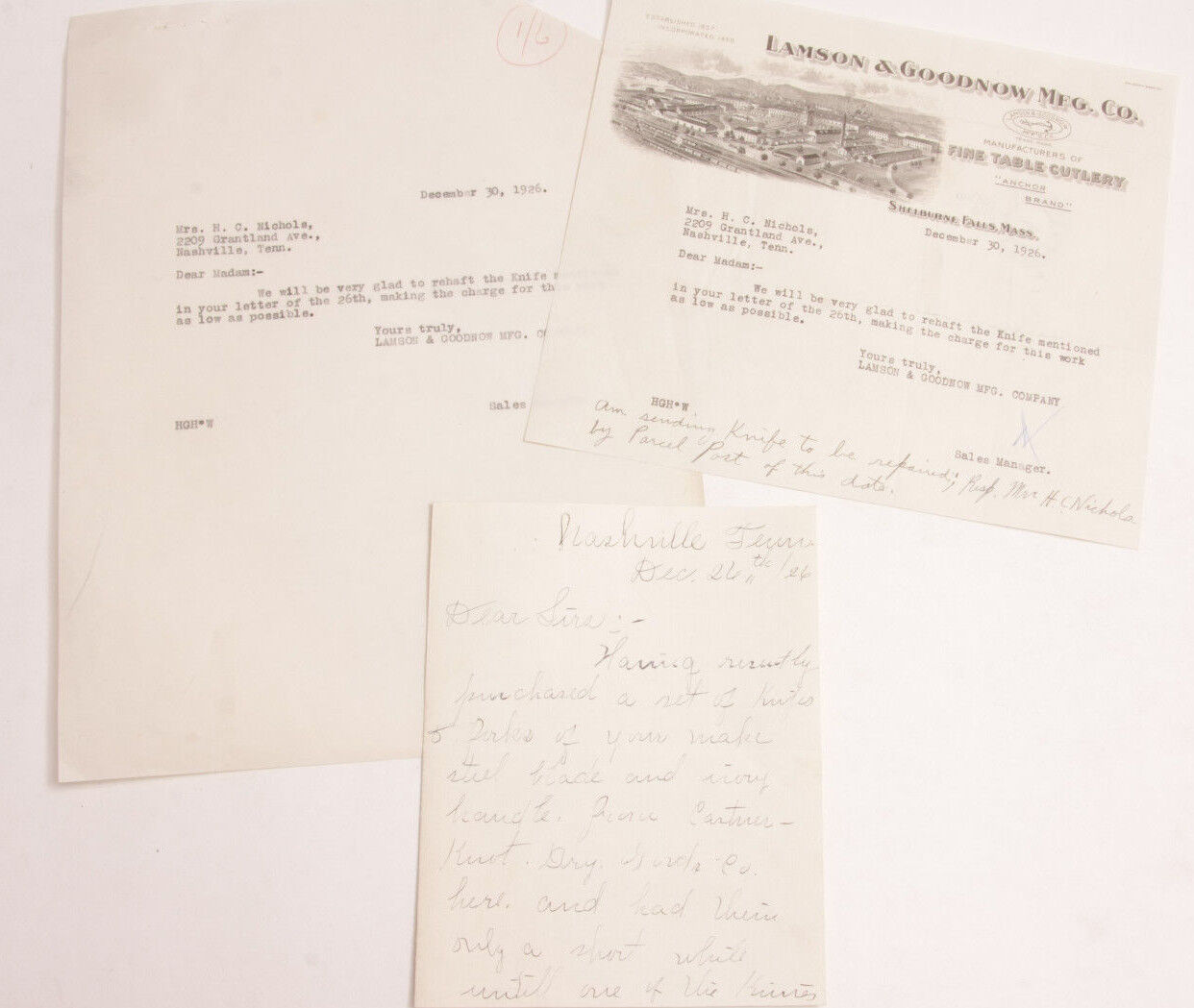 1926 Lamson Goodnow H C Nichols Nashville TN Handwritten Signed Ephemera L219B