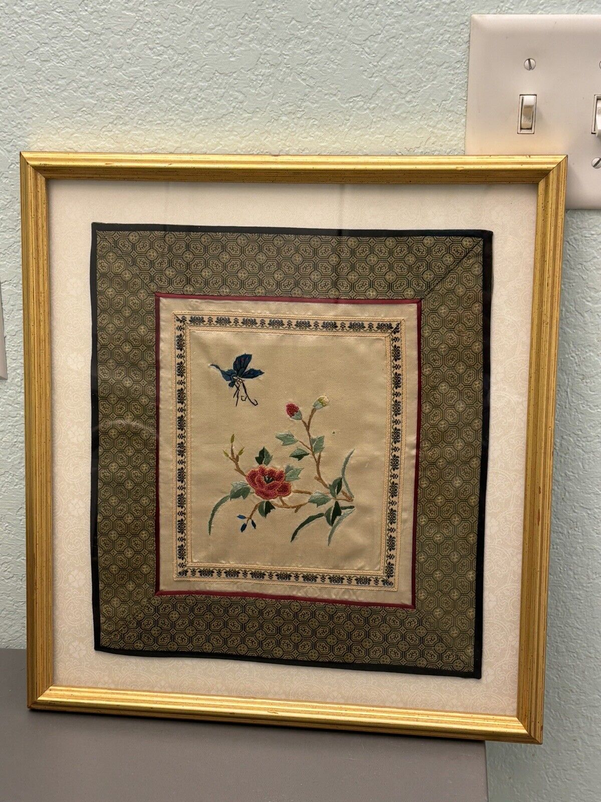 Framed Vintage Asian Silk Embroidered Butterfly Panel
