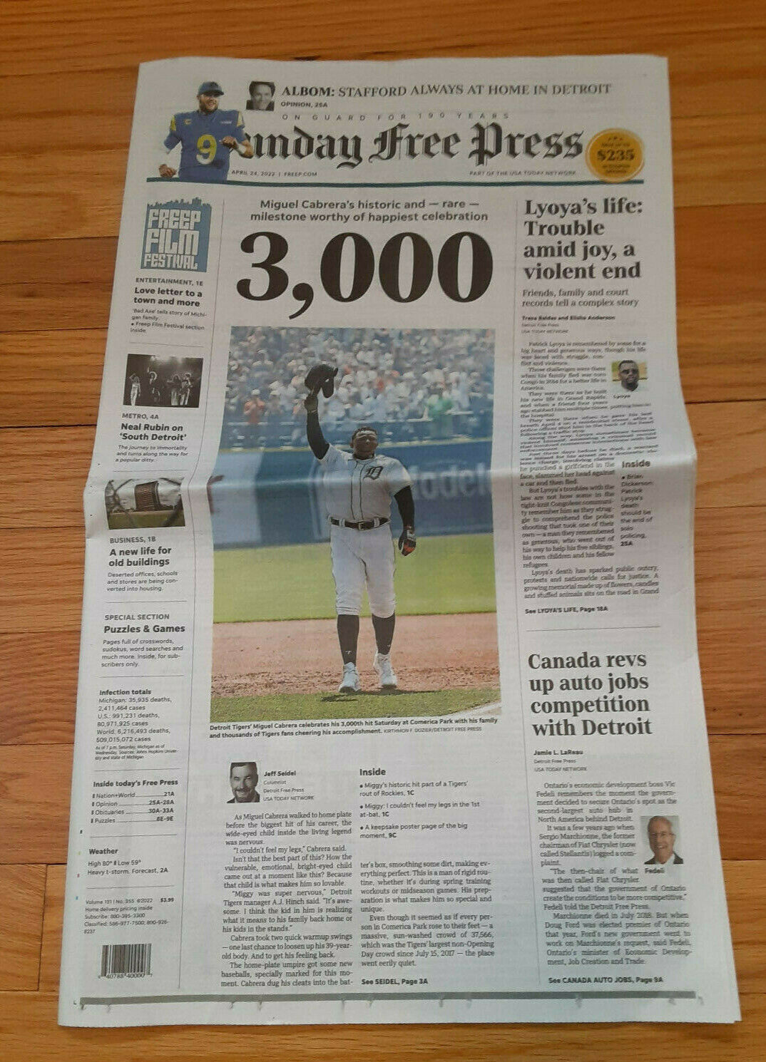 Detroit Free Press Miguel Cabrera 3000 Hits Full Newspaper April 24, 2022 Hot 