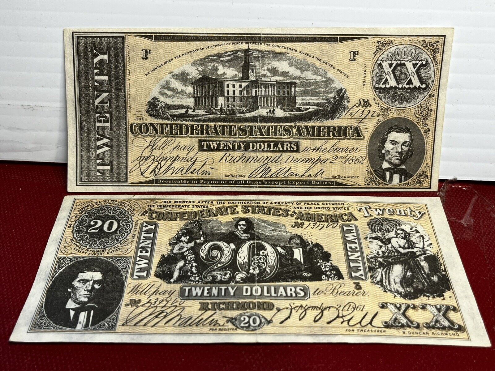2 - 1962 Topps Civil War News Currency $20 XMNT Condition Confederate 5.5” Bills