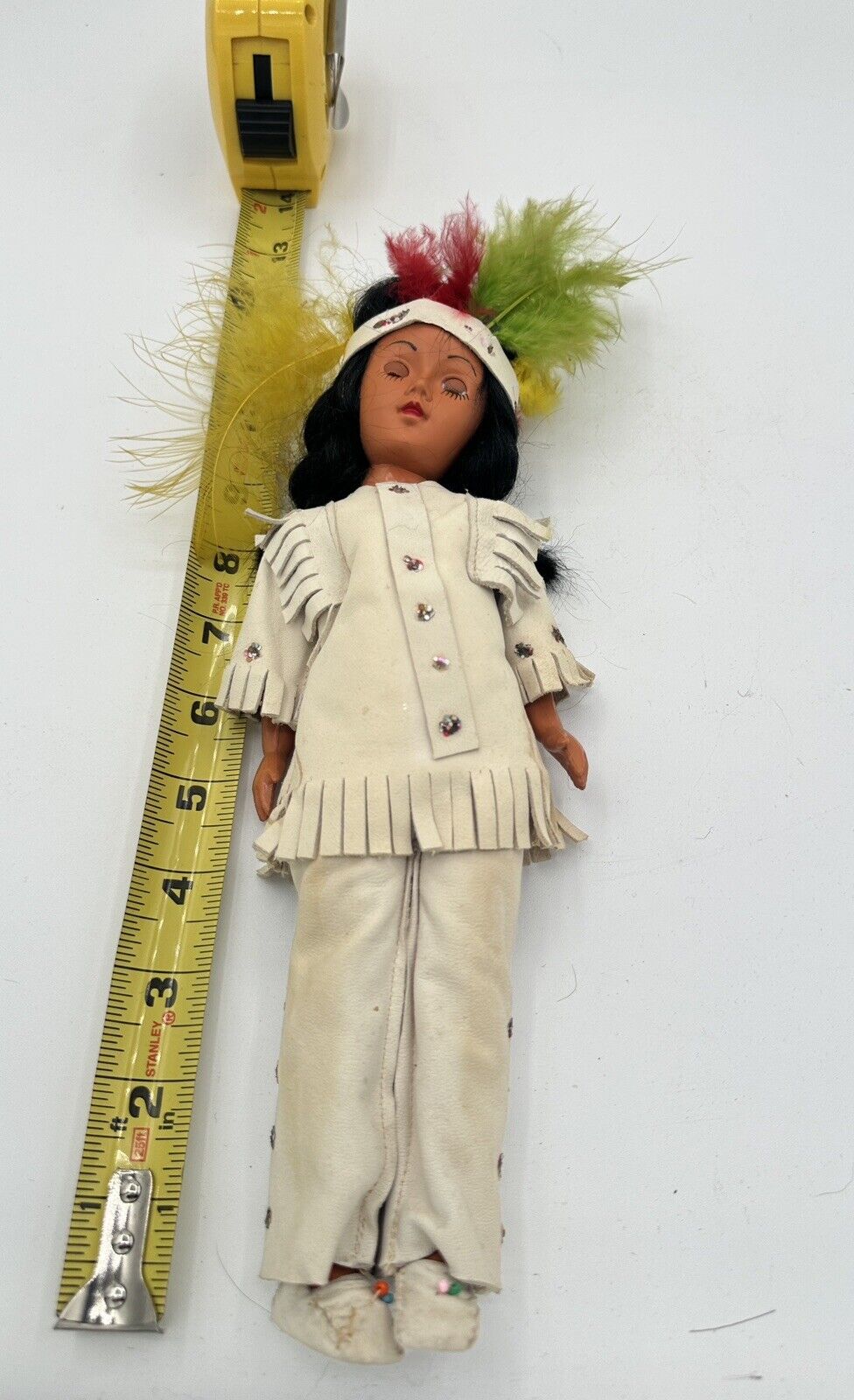 Vintage Native American Indian Girl Plastic Souvenir Doll Leather Cloth 12” Tall