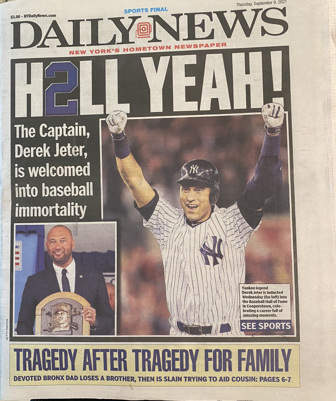 NY Daily News 9/9/21 YANKEES DEREK JETER HALL OF FAME  2021 Front/Back Cover NEW