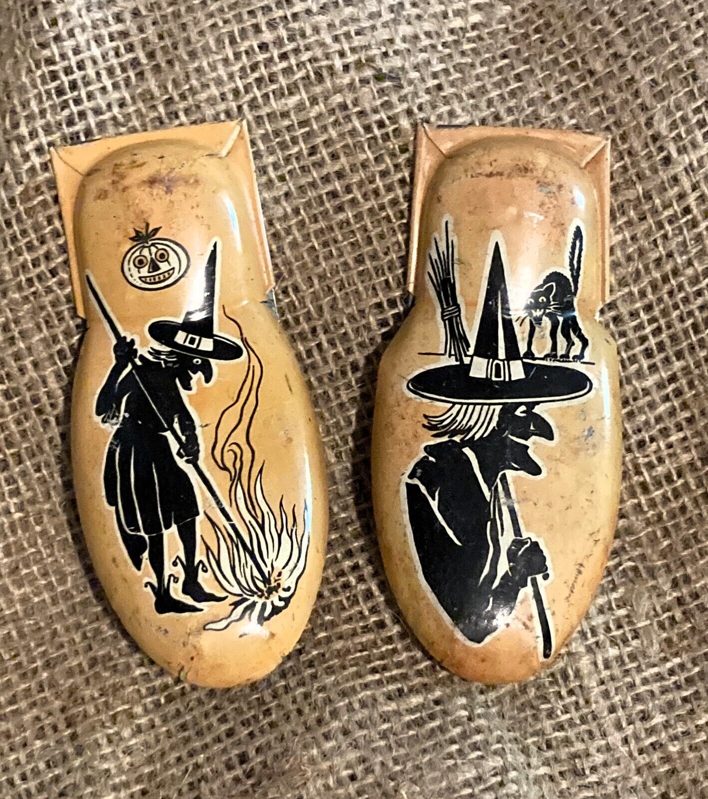Pair of Vintage Witch Halloween Clicker Tin Metal Noisemakers (Large)