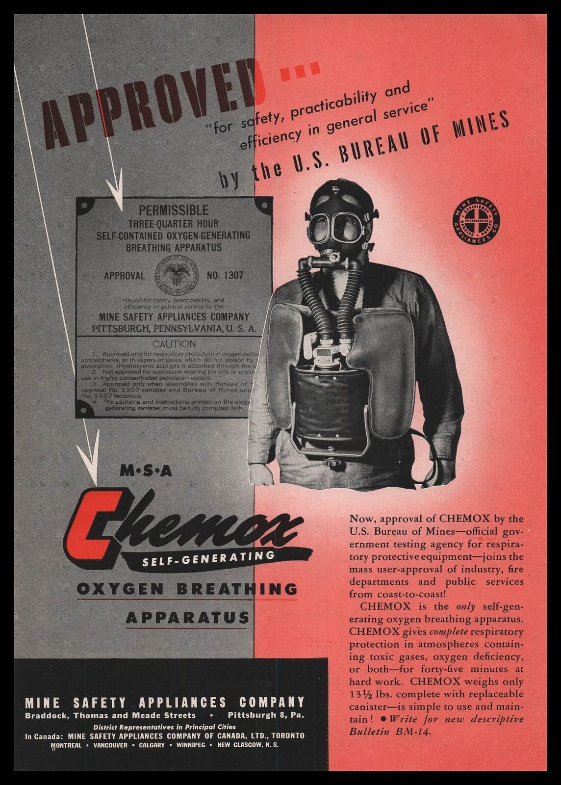 1946 MSA Chemox Self-Generating Oxygen Breathing Apparatus Mask Vintage Print Ad