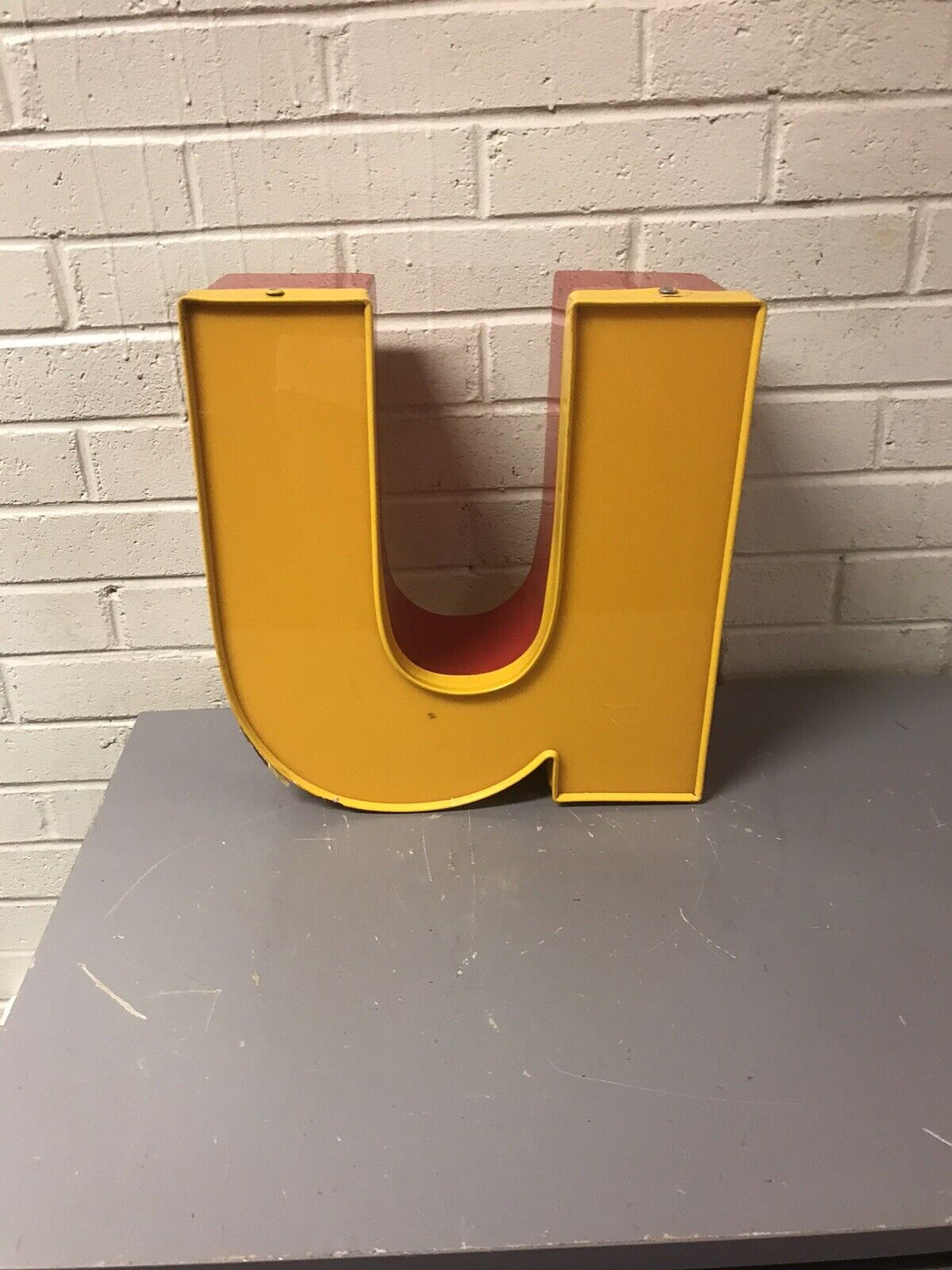 VINTAGE YELLOW RED NEON LOWER CASE LETTER Uu OR Nn 14 1/4” Tall X 13 3/8 X 5 1/4