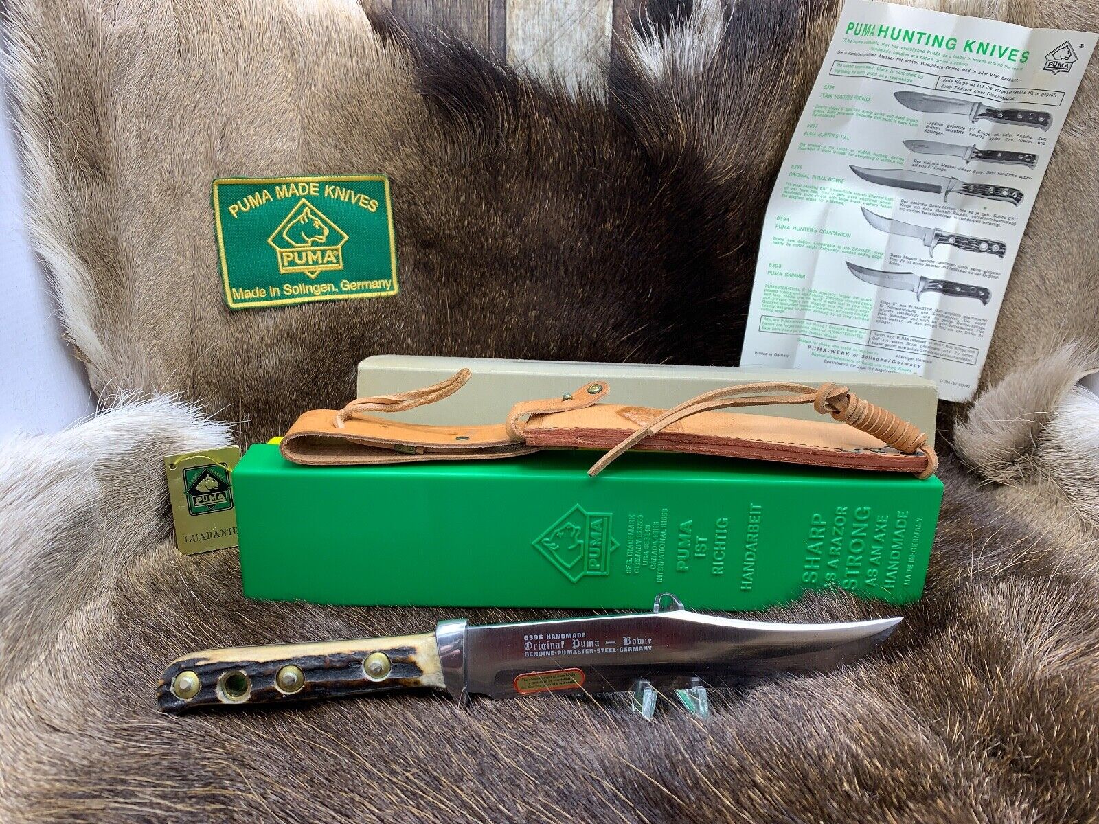 1974 Puma 6396 Bowie Knife With Stag Handles Leather Sheath G/Y Box Mint Tag A++