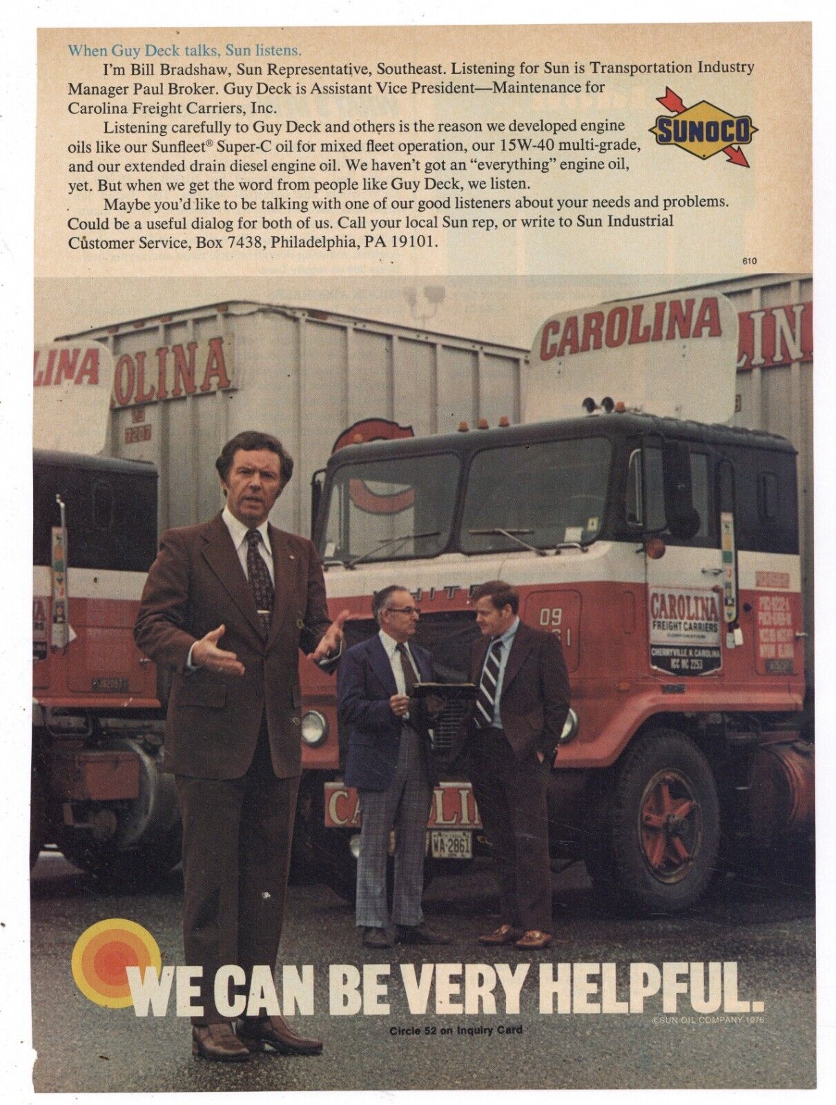 1976 Sun Oil Co. Ad: SUNOCO Gasoline, Diesel for Carolina Freight Carriers