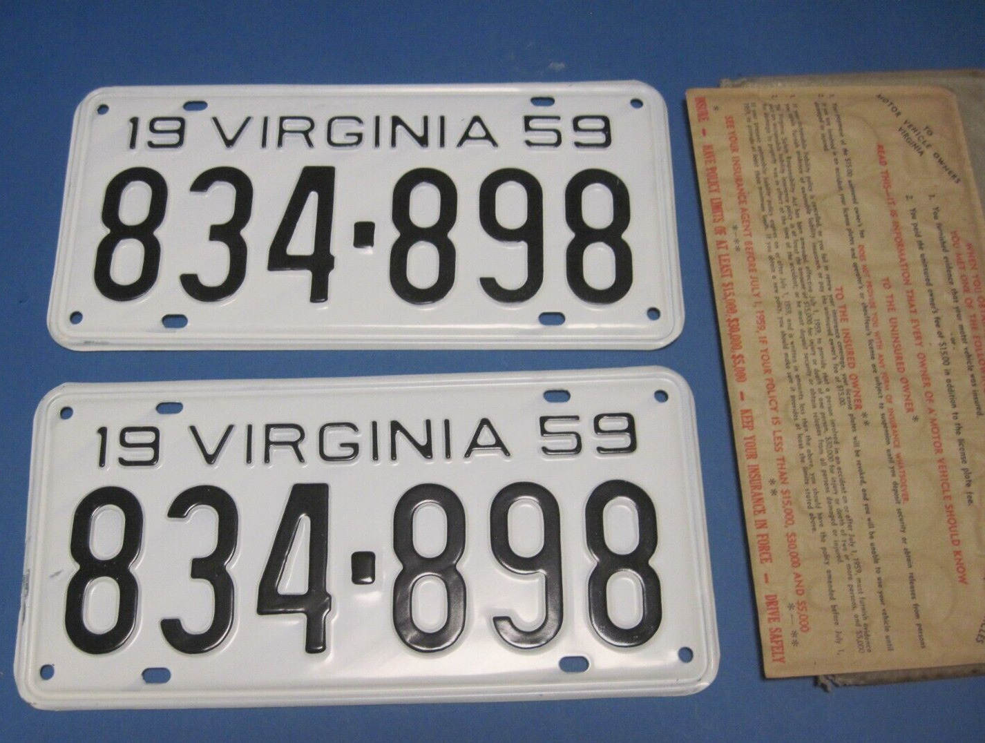 1959 Virginia License Plates new never issued and excellent DMV clear for YOM