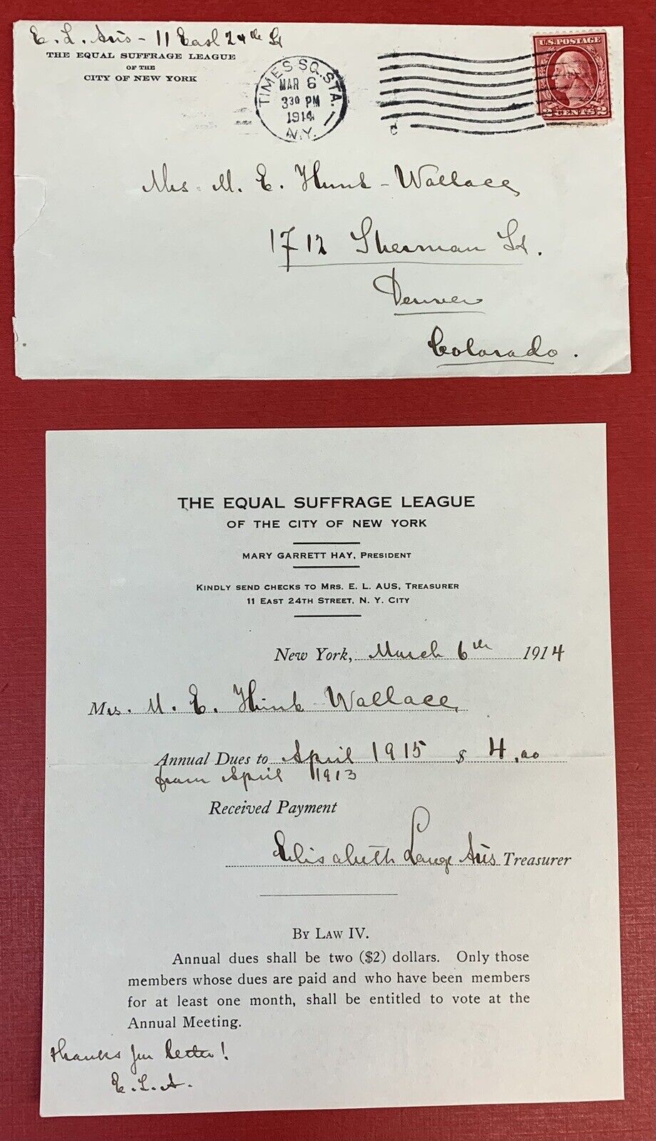 Equal Suffrage League of The City of New York, 1914 Cover and Letter/Receipt