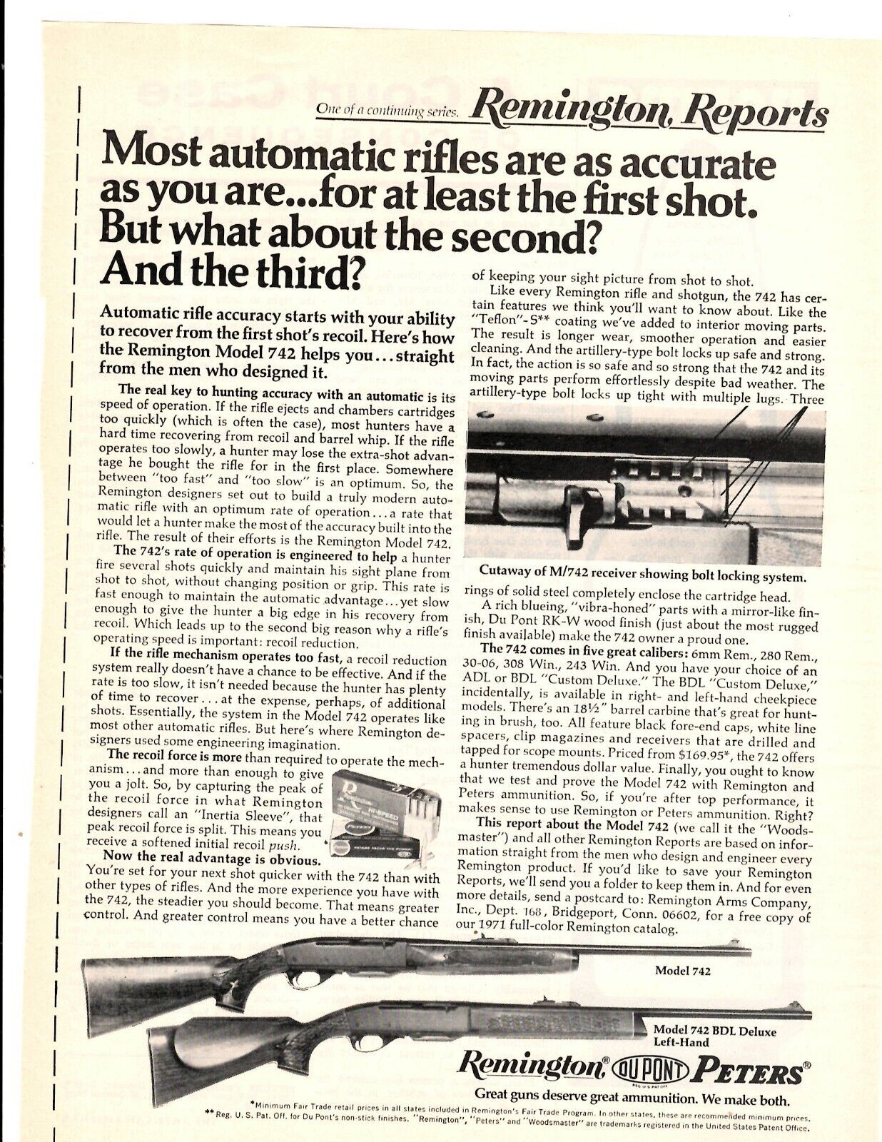 1971 Print Ad Remington Dupont Peters Model 742 Model 742 BDL Deluxe Left Hand