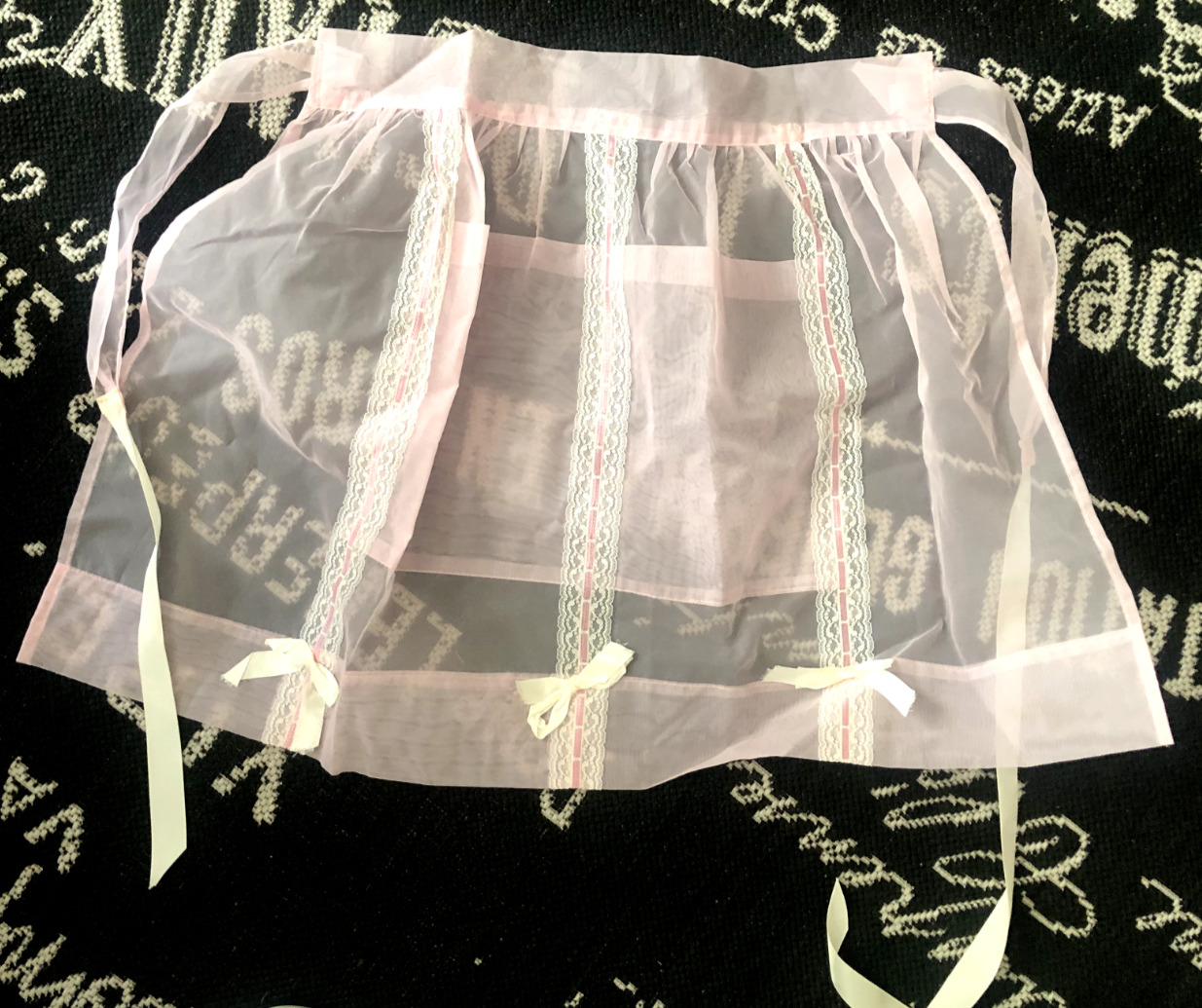 Vtg MCM Pink Insertion Lace Crisp Organza Handmade Waist HALF APRON White Bows