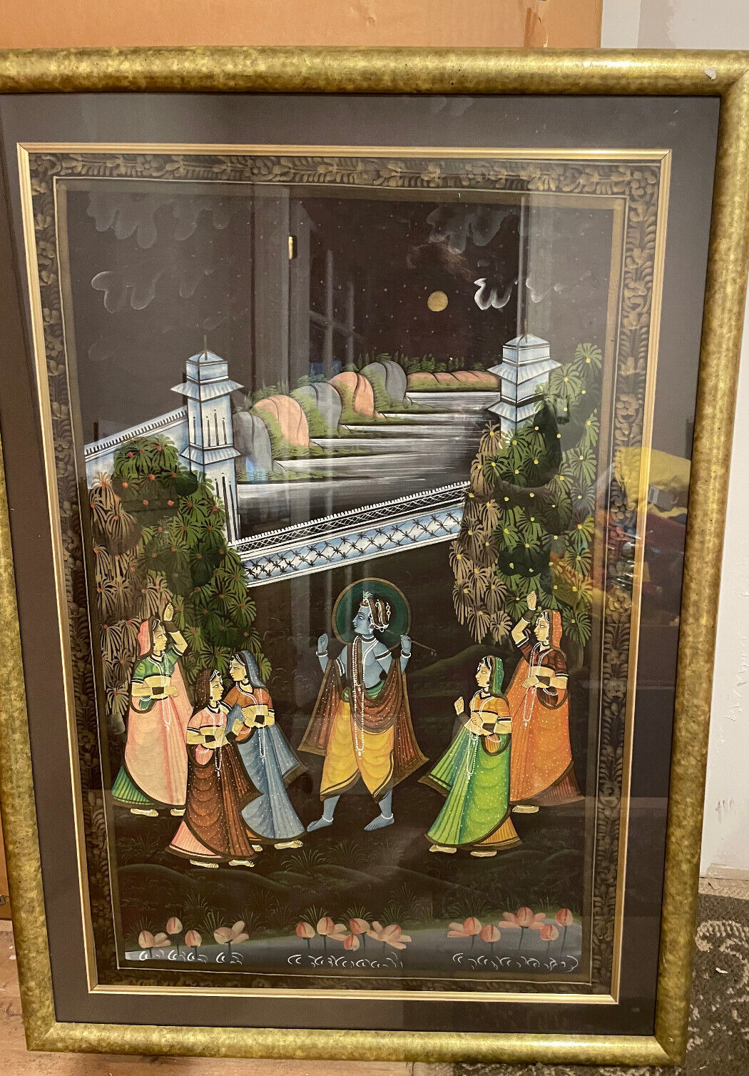 VTG LG Framed -Mughal Hand Painted Silk Art -Procession -Wedding -India 32x23