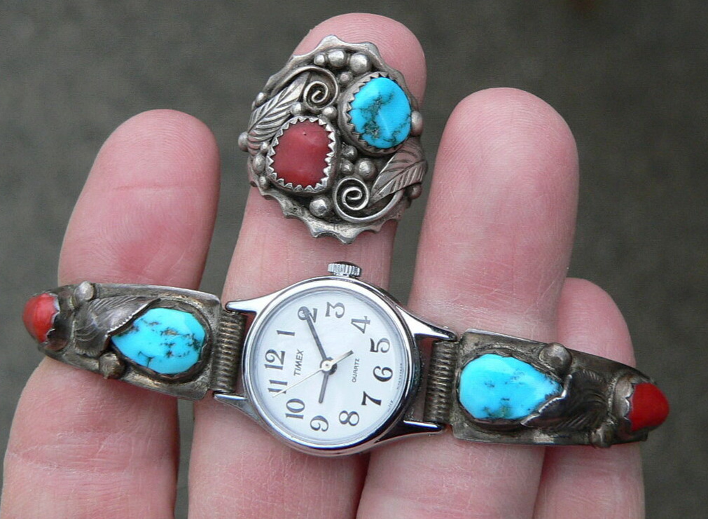 Simplicio Zuni Sterling TURQUOISE & CORAL Ring & Watch Band Tips 