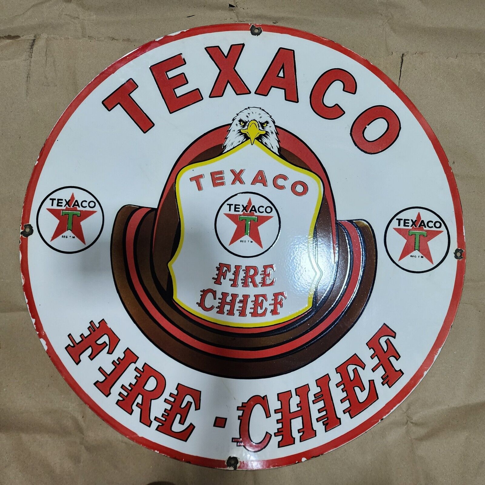 TEXACO FIRE-CHIEF PORCELAIN ENAMEL SIGN 30 INCHES ROUND