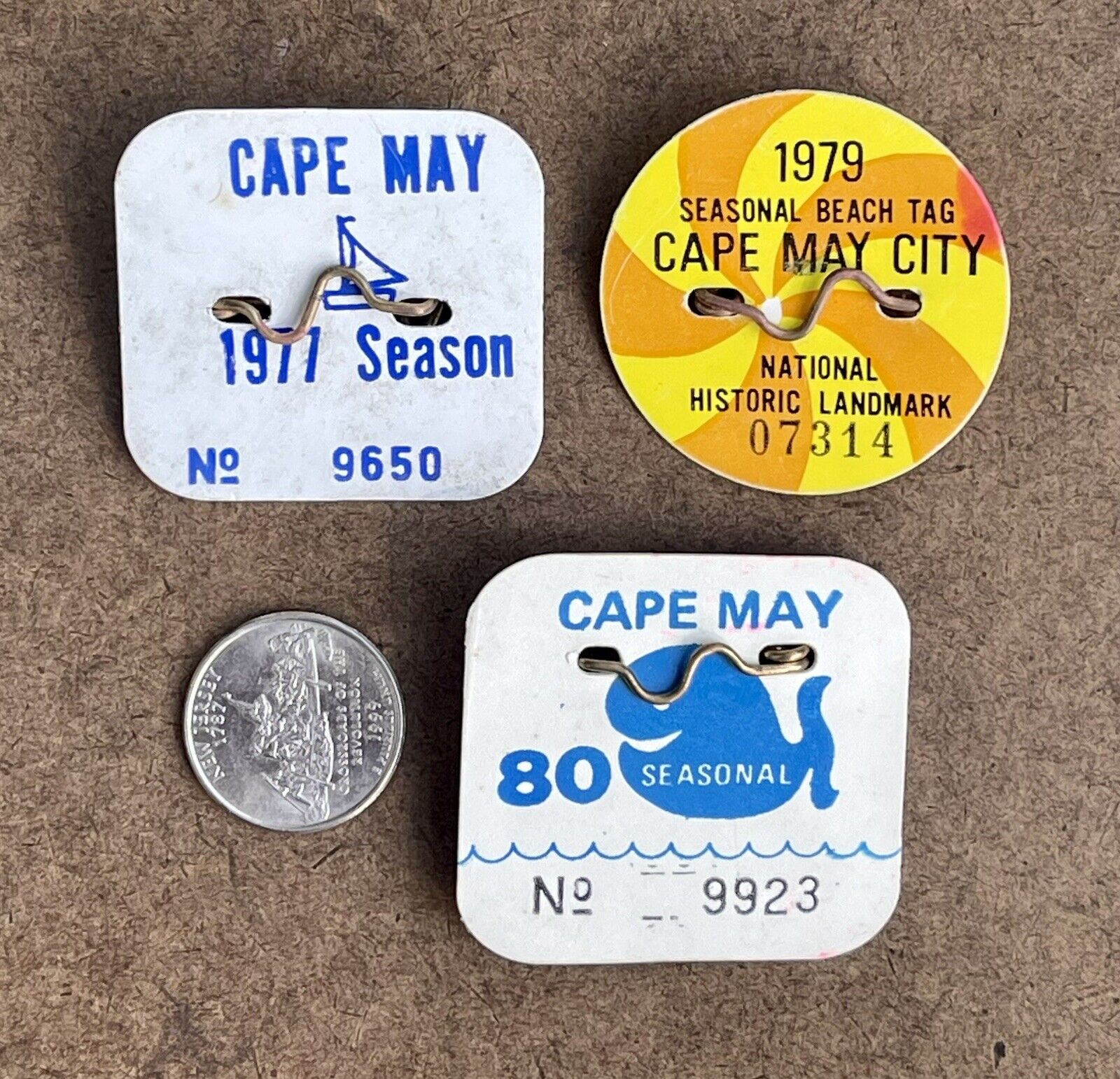 (3) CAPE MAY NJ Beach Tags/Badges 1977 1979 1980 / Vintage New Jersey Shore