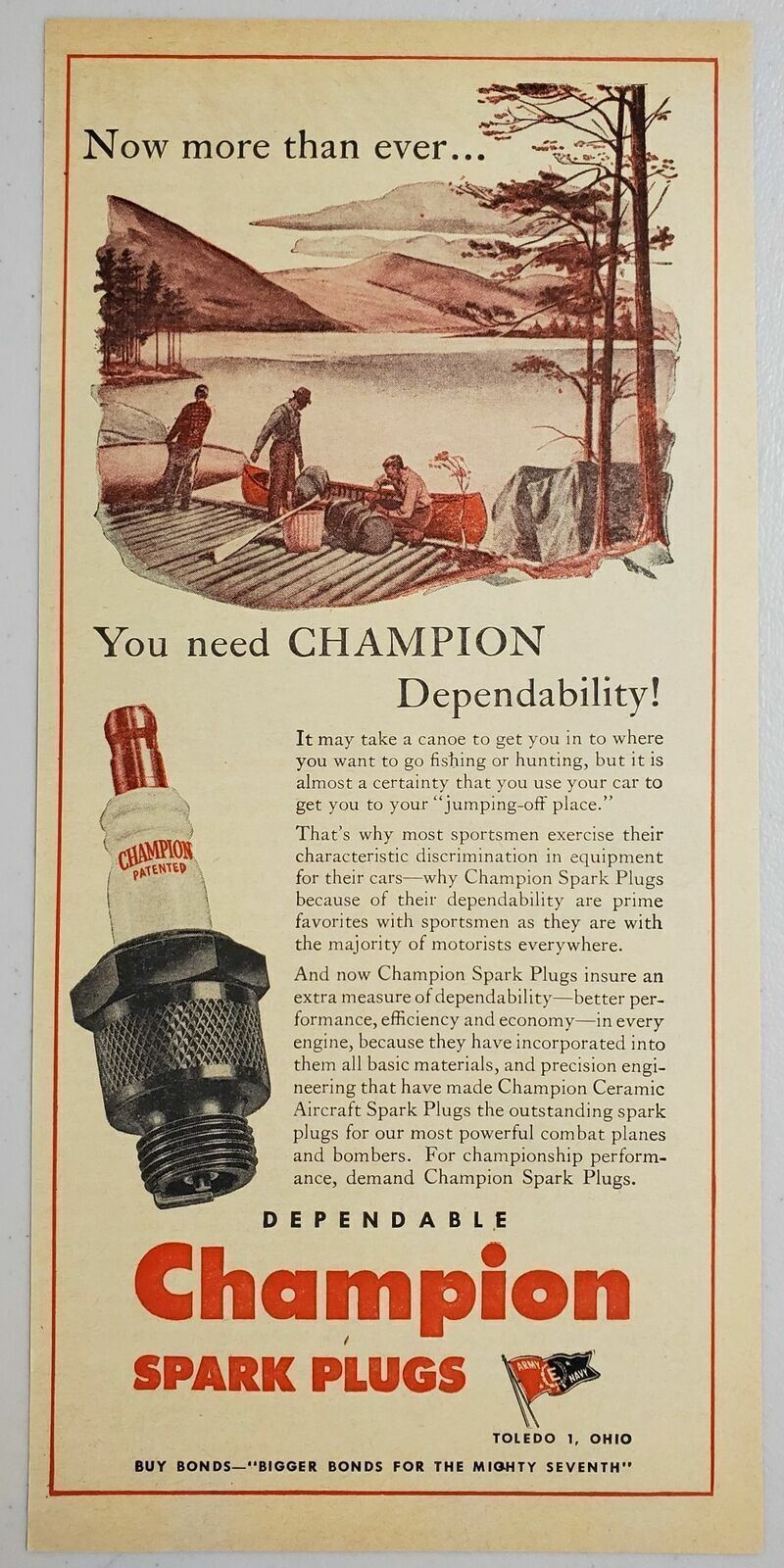 1945 Print Ad Champion Spark Plugs Campers by Lake with Canoe