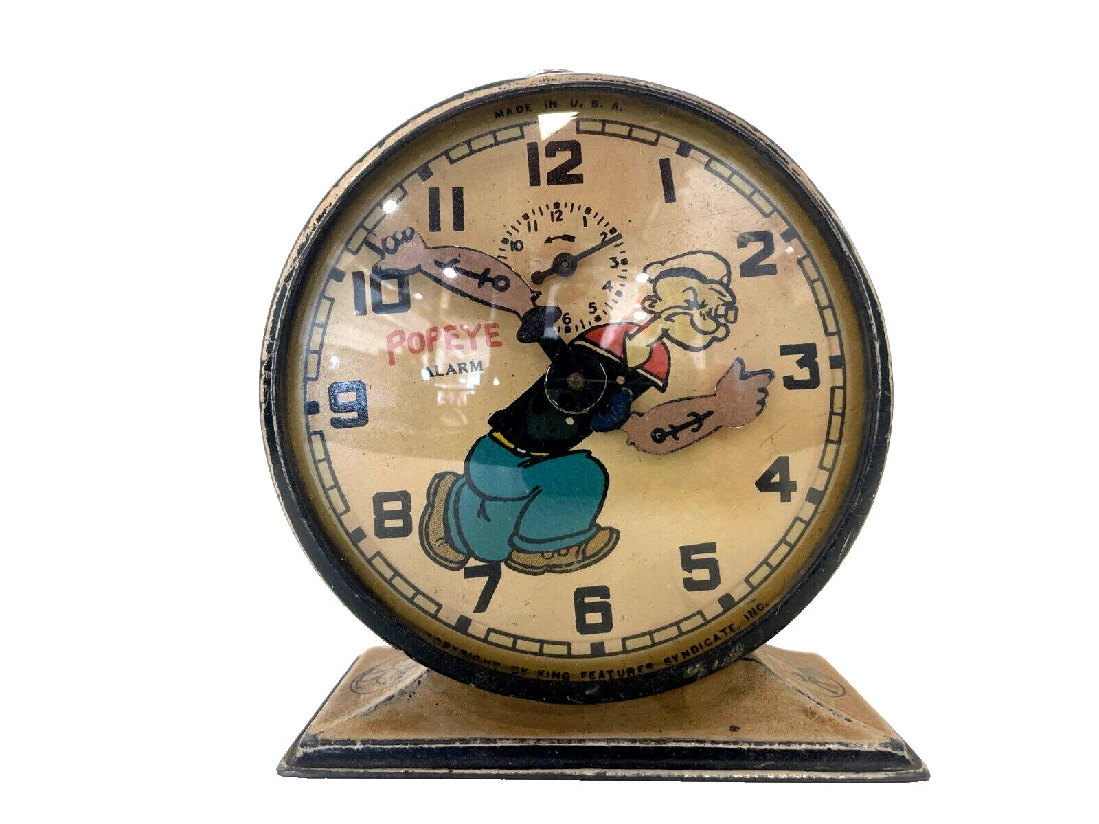 RARE 1930's POPEYE ALARM CLOCK KING FEATURES NEW HAVEN Co LITHO METAL CASE VTG