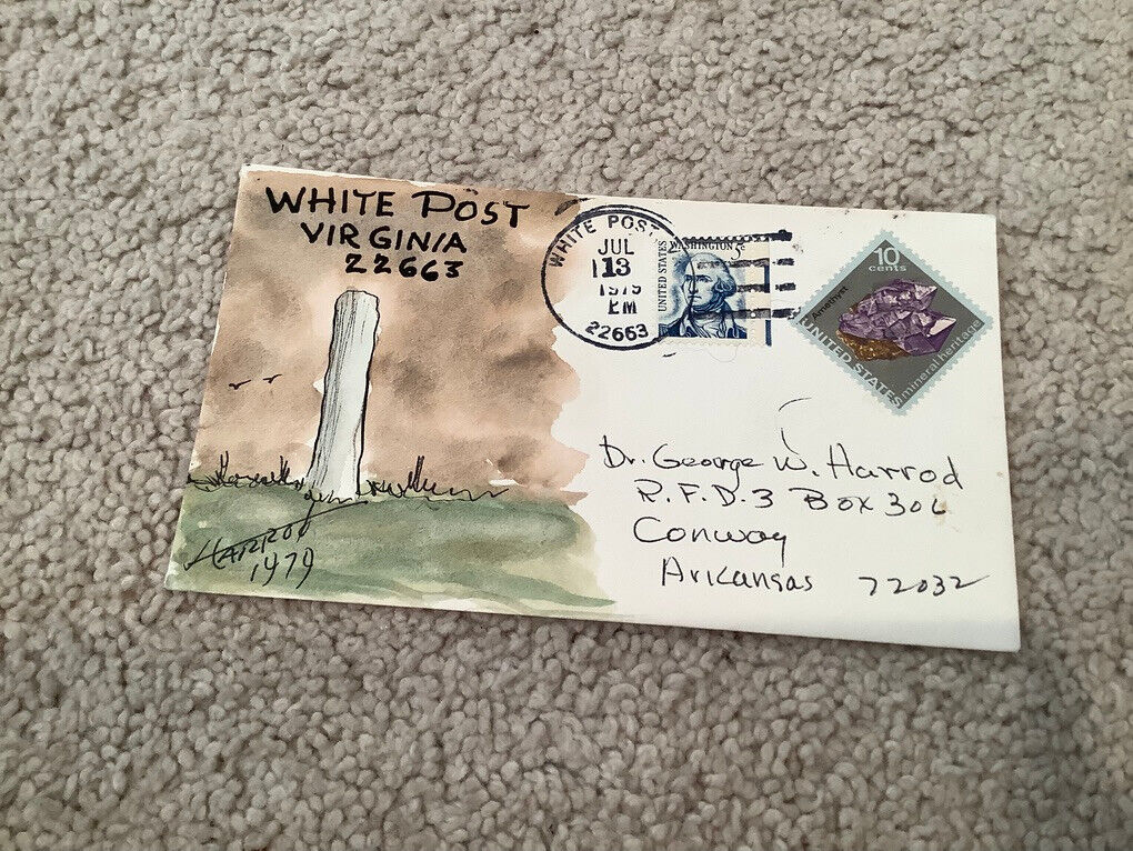 1979 WHITE POST, Virginia: Signed FOLK ART WATERCOLOR Postal Cover GEORGE HARROD