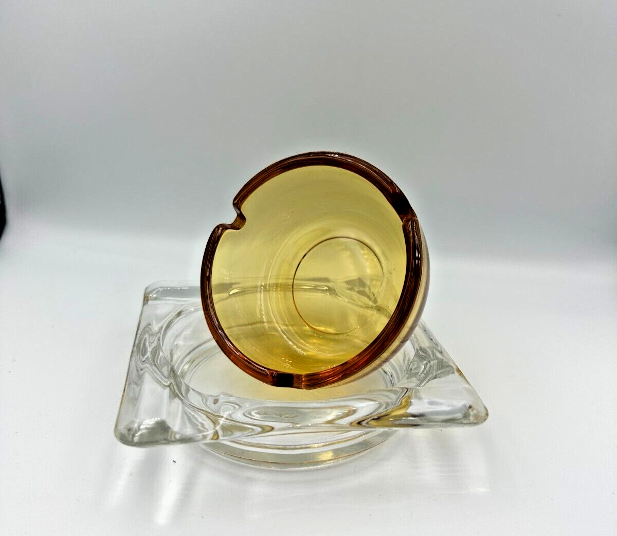 Vintage Mid Century Yellow Amber Glass Round Ashtray & Clear Square Ashtray EUC