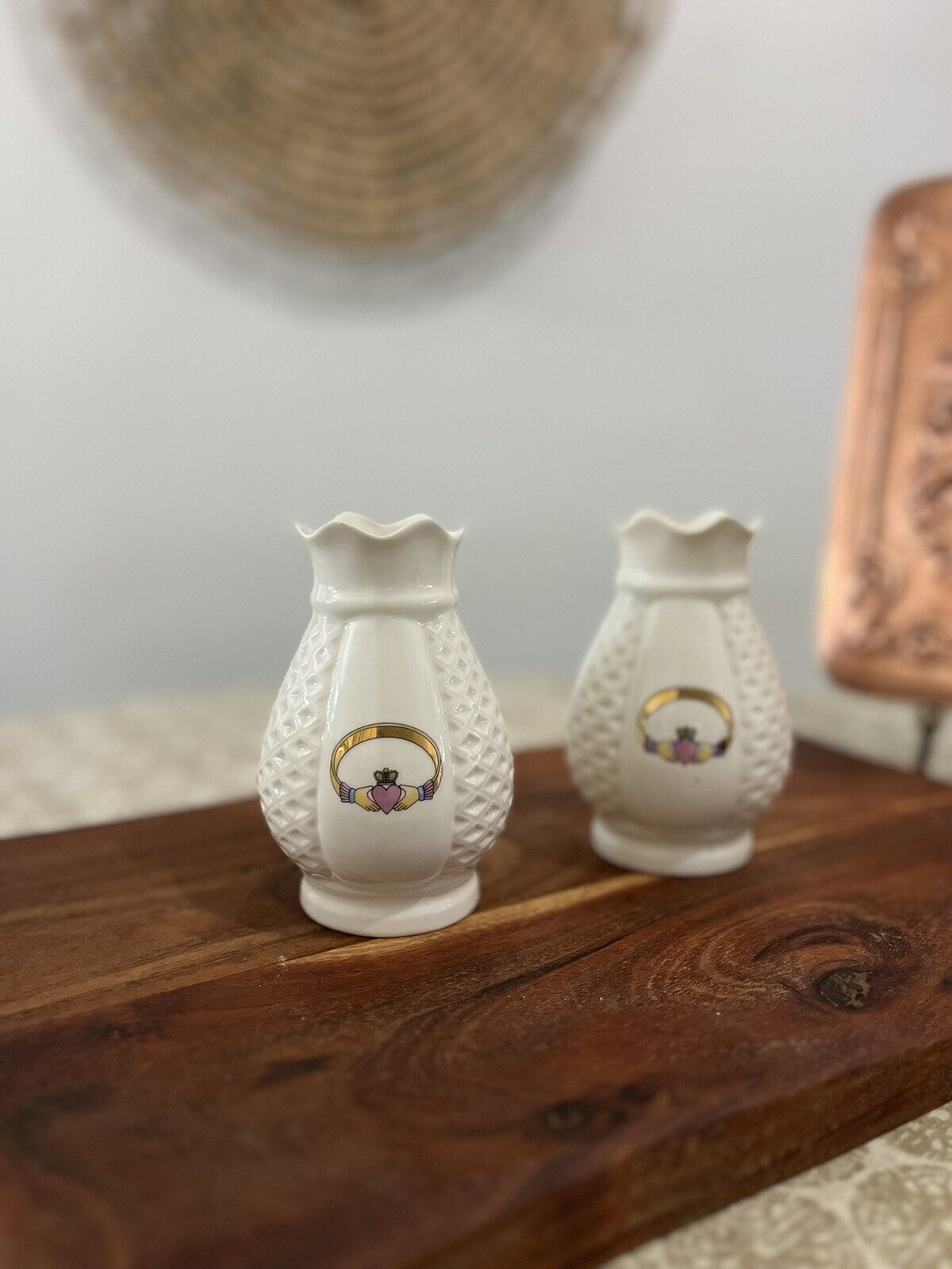 SET OF TWO Vintage Donegal China Parian Claddagh Ring Vases