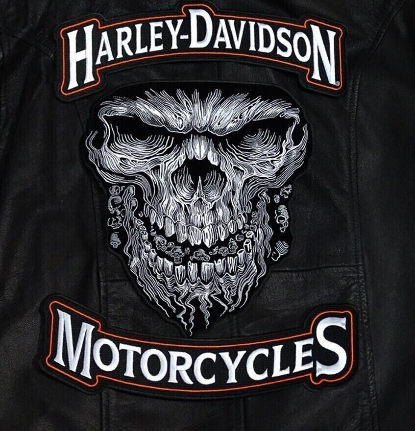 HARLEY DAVIDSON TOP BOTTOM ROCKER WITH 12 INCH GIANT SKULL 3PC BACK PATCH